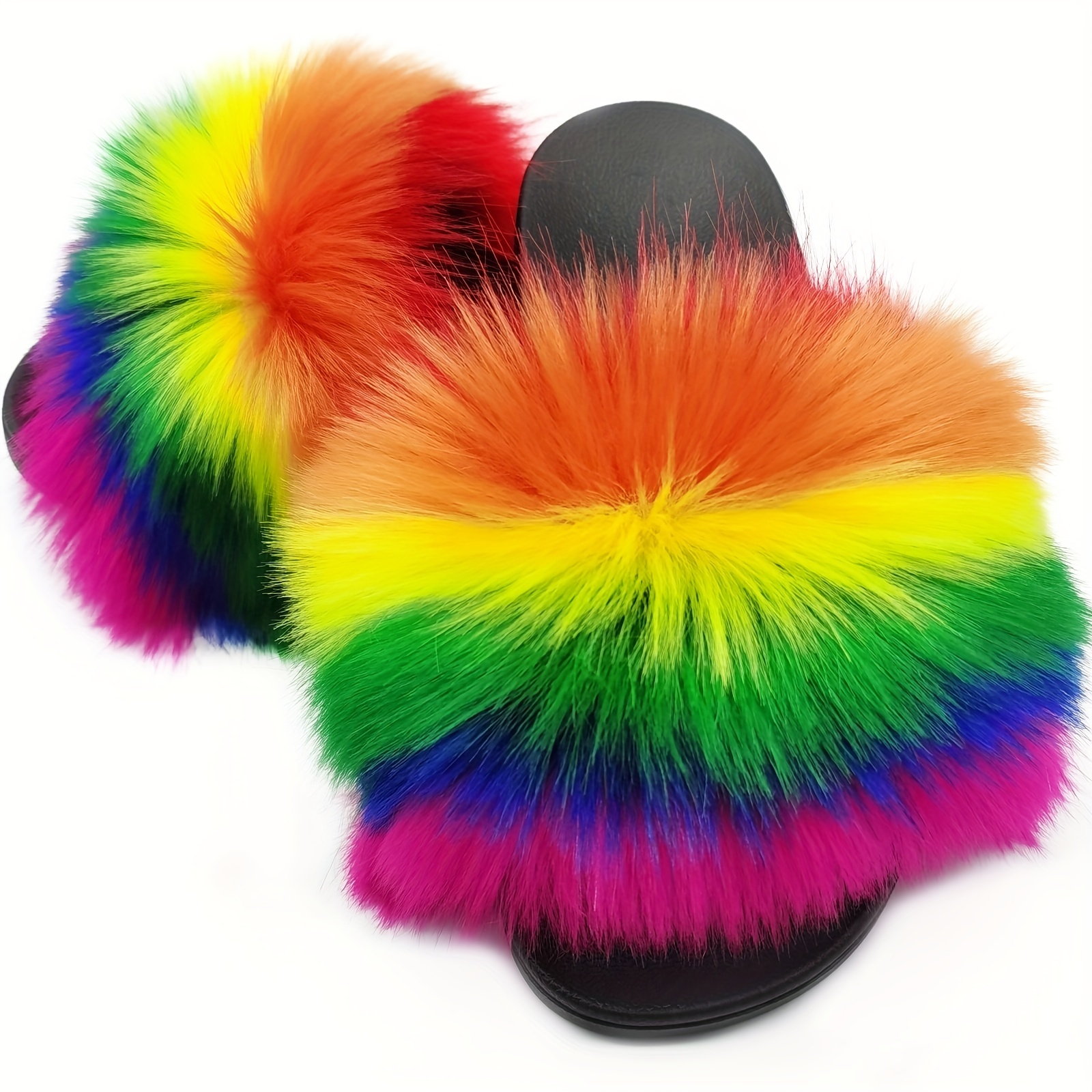 Women's Rainbow Fur Slippers Comfortable Open Toe Slip House - Temu