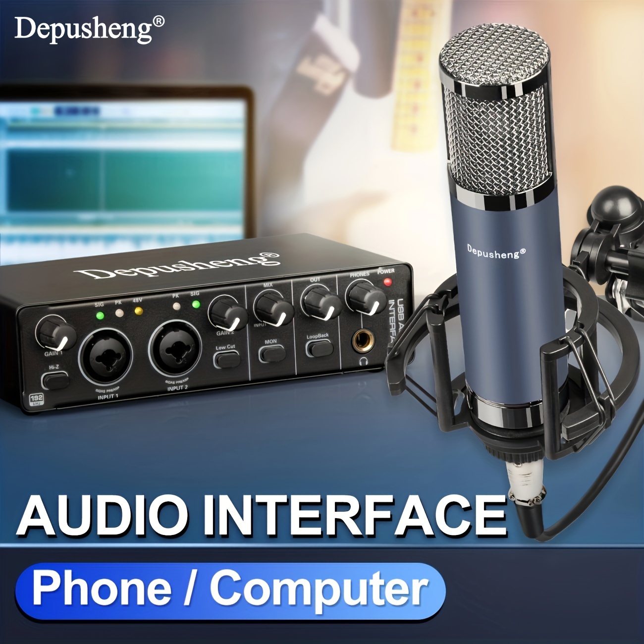 Interfaz de audio USB 2i2, interfaz de audio universal para PC, grabación  de MAC/música/computadora y podcasting con alimentación fantasma de 48 V
