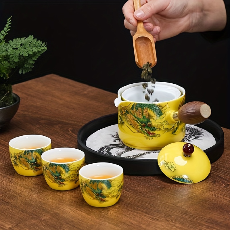 Fine Porcelain Pottery Tea Set 8 Cups Dragon Teapot Portable Kung Fu  Teaware Set