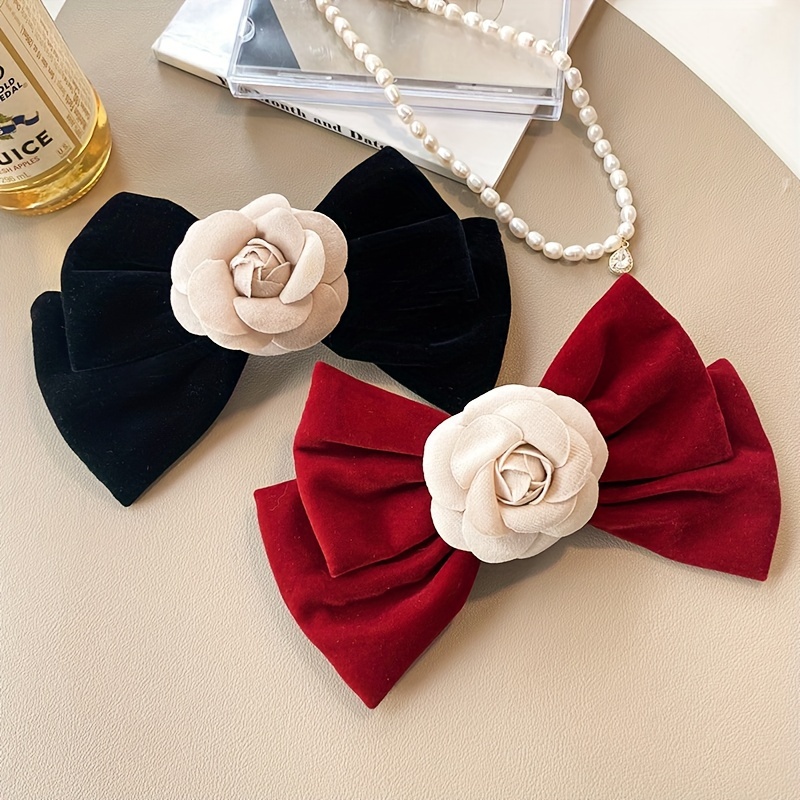 1 Pcs Large Wine Red Velvet with Pearls Hair Bow Bowtie Hair Clip