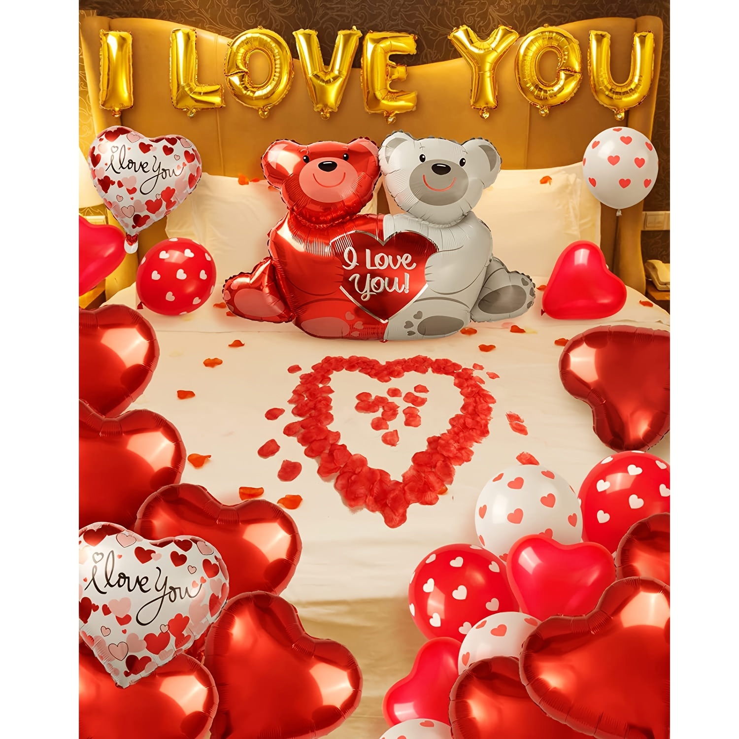 Valentines Day Balloons Decorations I Love You Balloons and Heart Balloons  Kit with 1000Pcs Red Silk Rose Petals Flower Decoration Love-Bear Heart