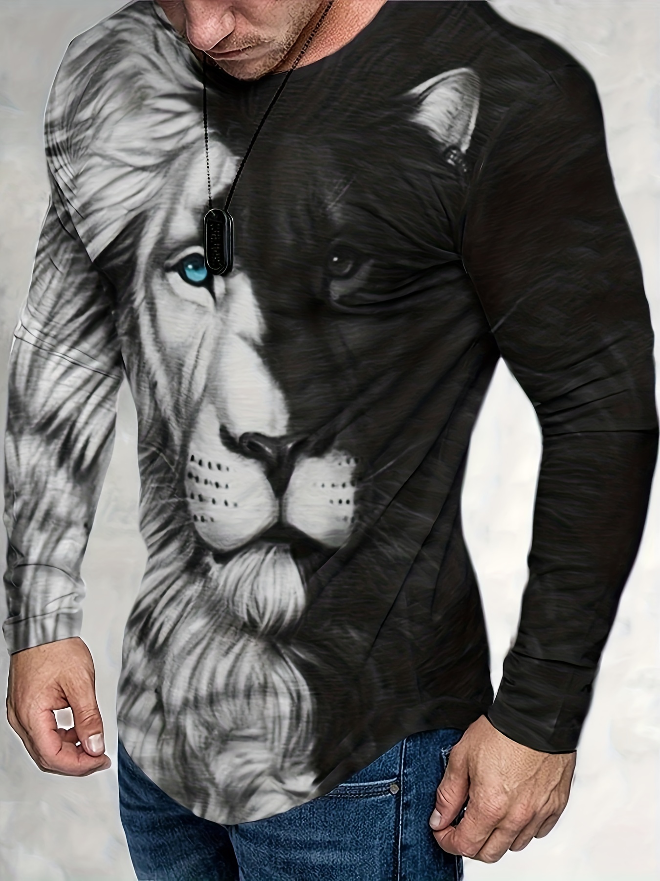 Men's Trendy Golden Tiger Print Long Sleeve T-Shirt Sports Tees Oversized Tops for Spring & Autumn for Big & Tall Males, Plus Size,Temu