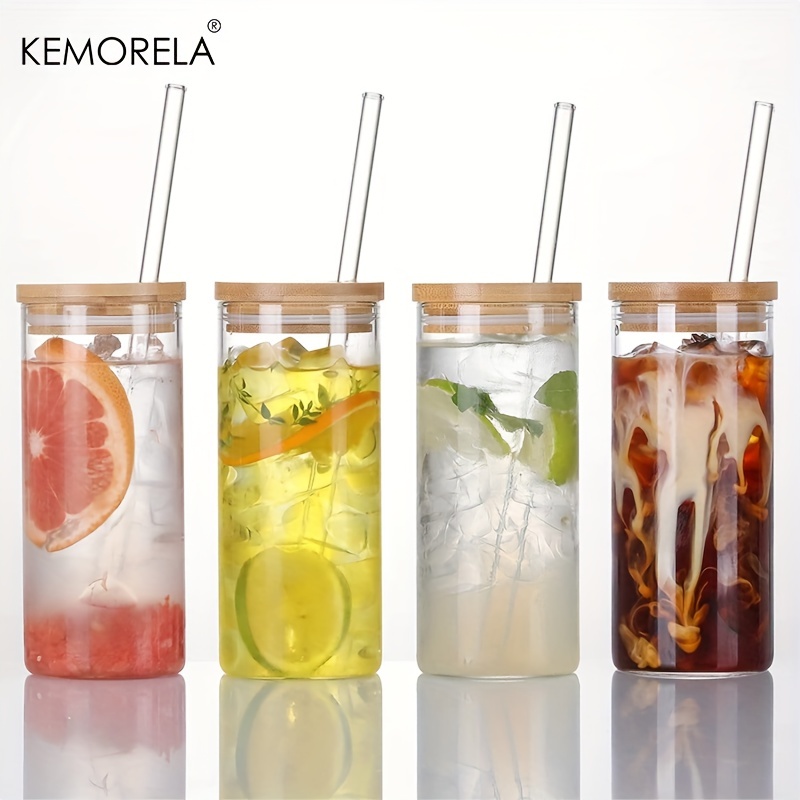 4pcs, Drinking Glasses With Bamboo Lids And Straws, 17oz Glass Tumblers,  Ice Coffee Cups, Cocktail Glasses, Cute Tumbler Cup, Ideal For Whiskey,  Soda