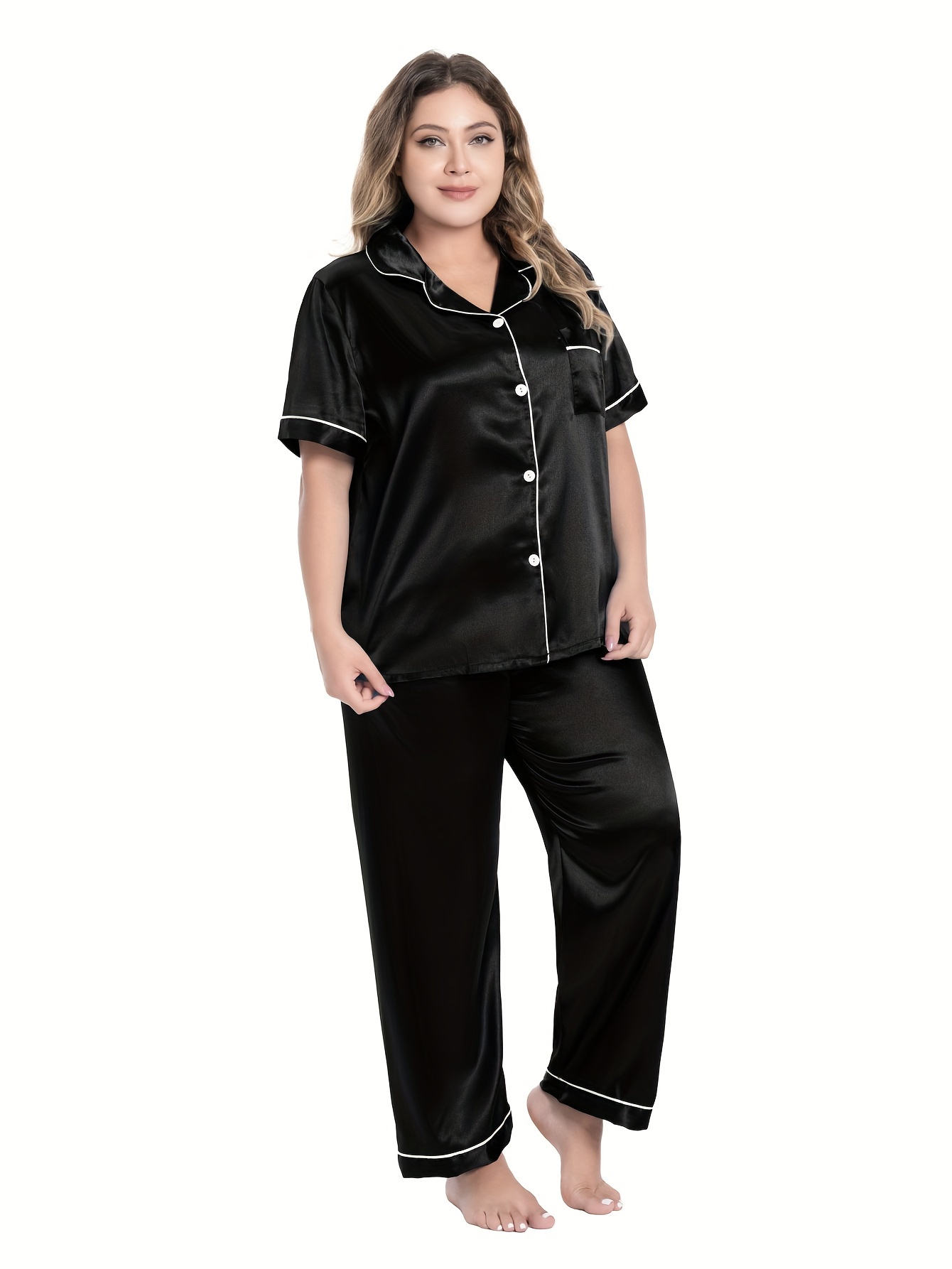 Womens Silk Satin Pajamas Plus Size Loungewear Two-piece Sleepwear  Button-Down Pj Set Lapel Solid Home Clothes