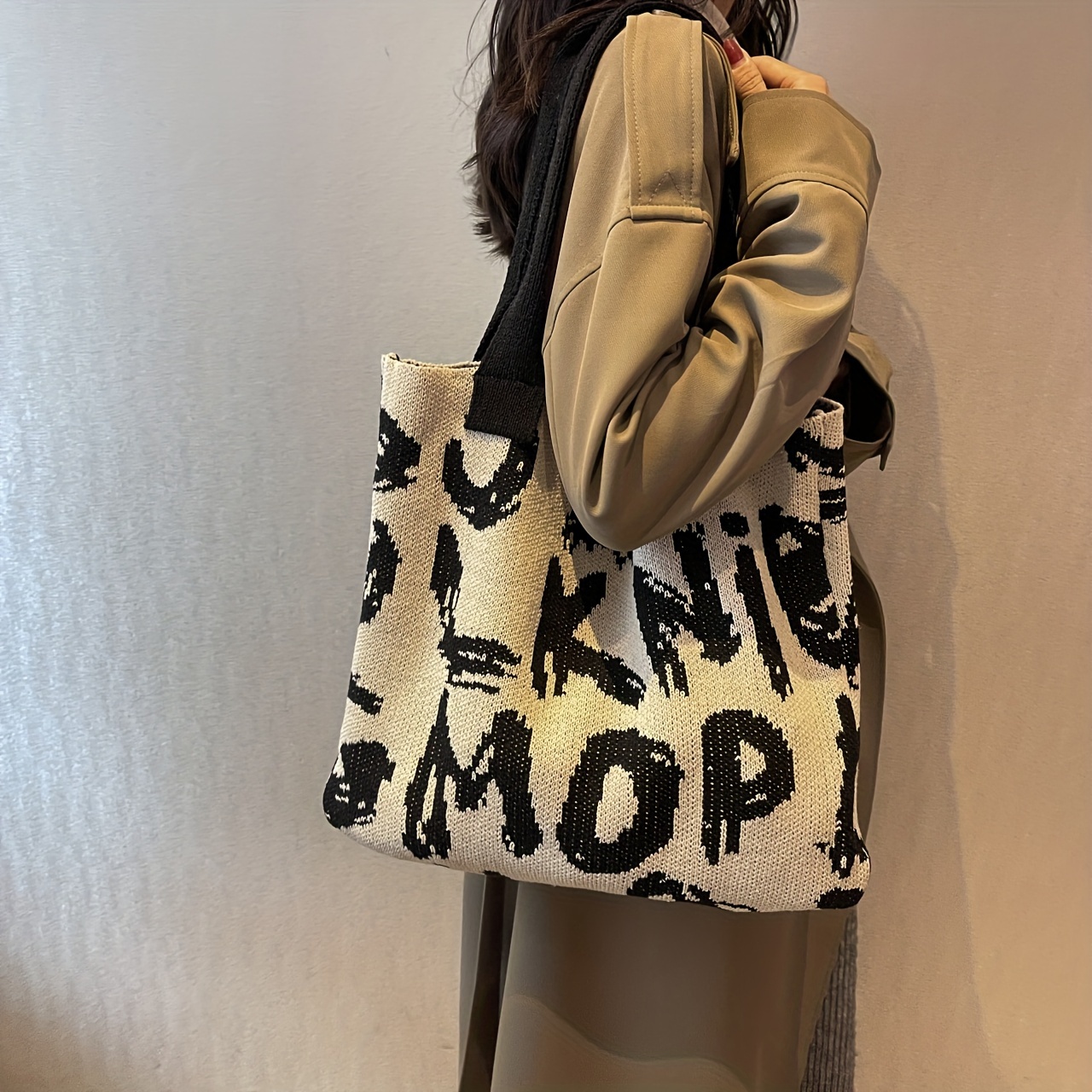 Letter Print Knitted Tote Bag, Fashion Shoulder Hobo Bag, Women's
