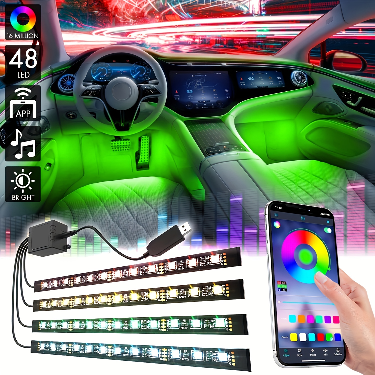 Car Led Strip Lights,Interior Car Lights,Ambient Led Lighting Kit With RGB  16 Million Colors Fiber Optics&Music Sync Rhythm,USB Neon Light Car  Accessories for Center Console&Dashboard,Upgraded Version : : Car  & Motorbike