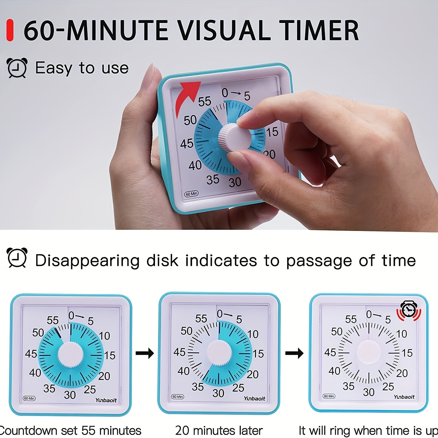 Yunbaoit Visual Timer with Night Light, 60-Minute Countdown Timer for Kids  and Adults, Silent Classroom Timer, Time Management Tool for Home, School