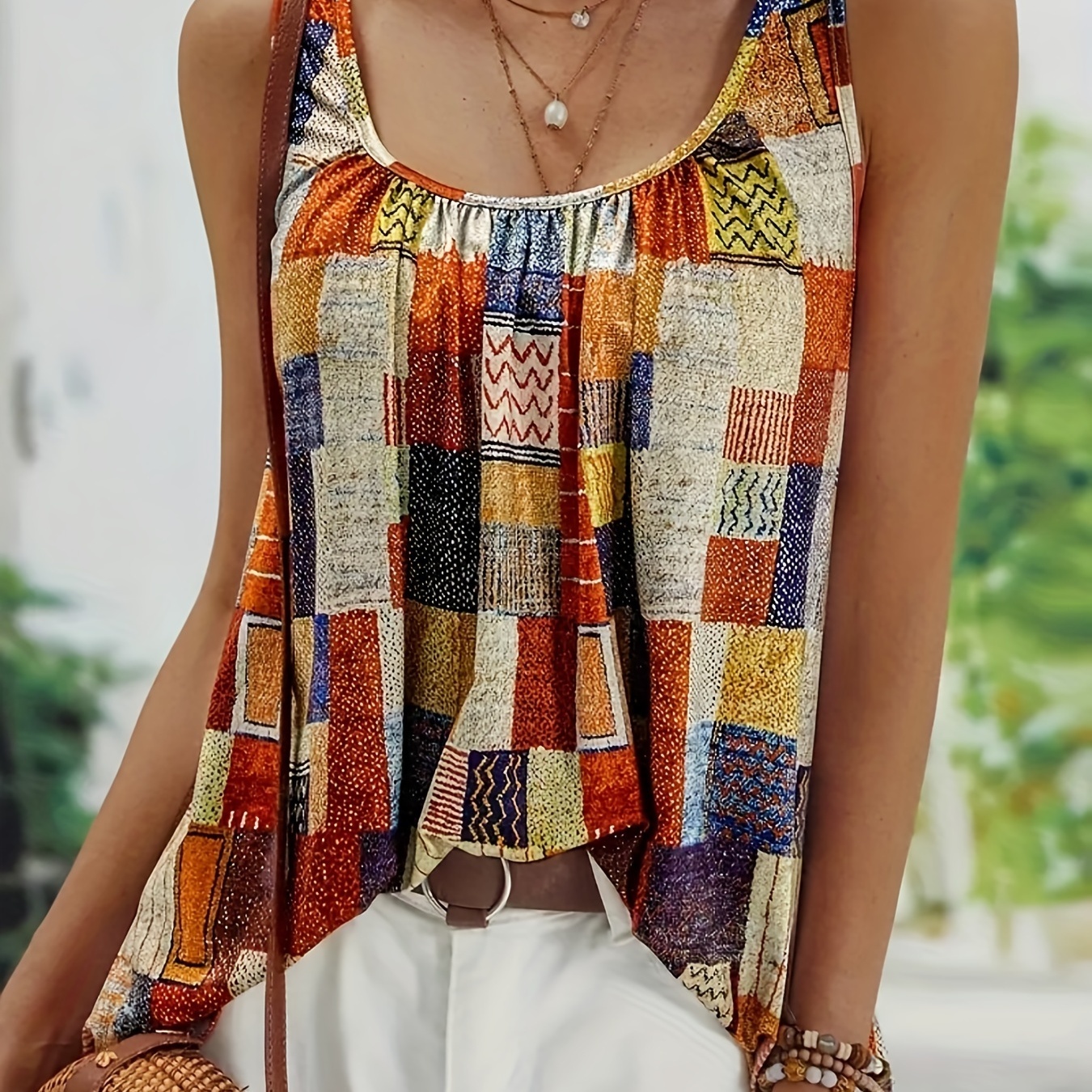 

Patchwork Graphic Tank Top, Random Print Sleeveless Casual Top For Summer & Spring, Women's Clothing
