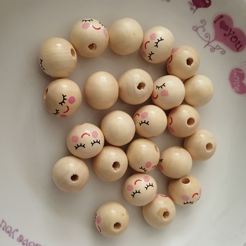 

50pcs 14mm Wooden Hole Beads, Spacer Ball Beads With Hole, Eyelash Girls Smiling Face Doll Head Beads For Diy Jewelry Making