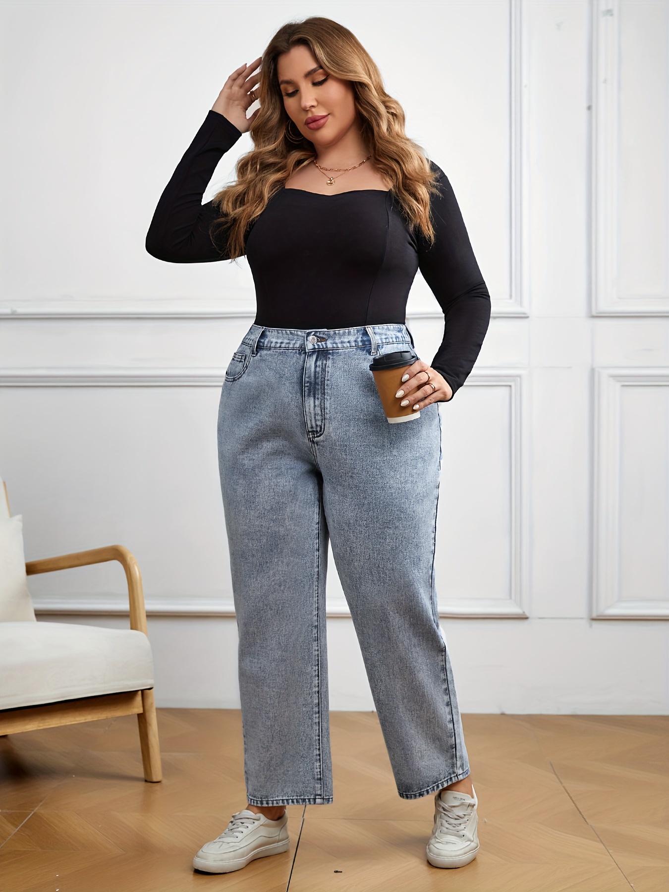 Plus Size Casual Jeans Women's Plus Washed Button Fly High - Temu Canada