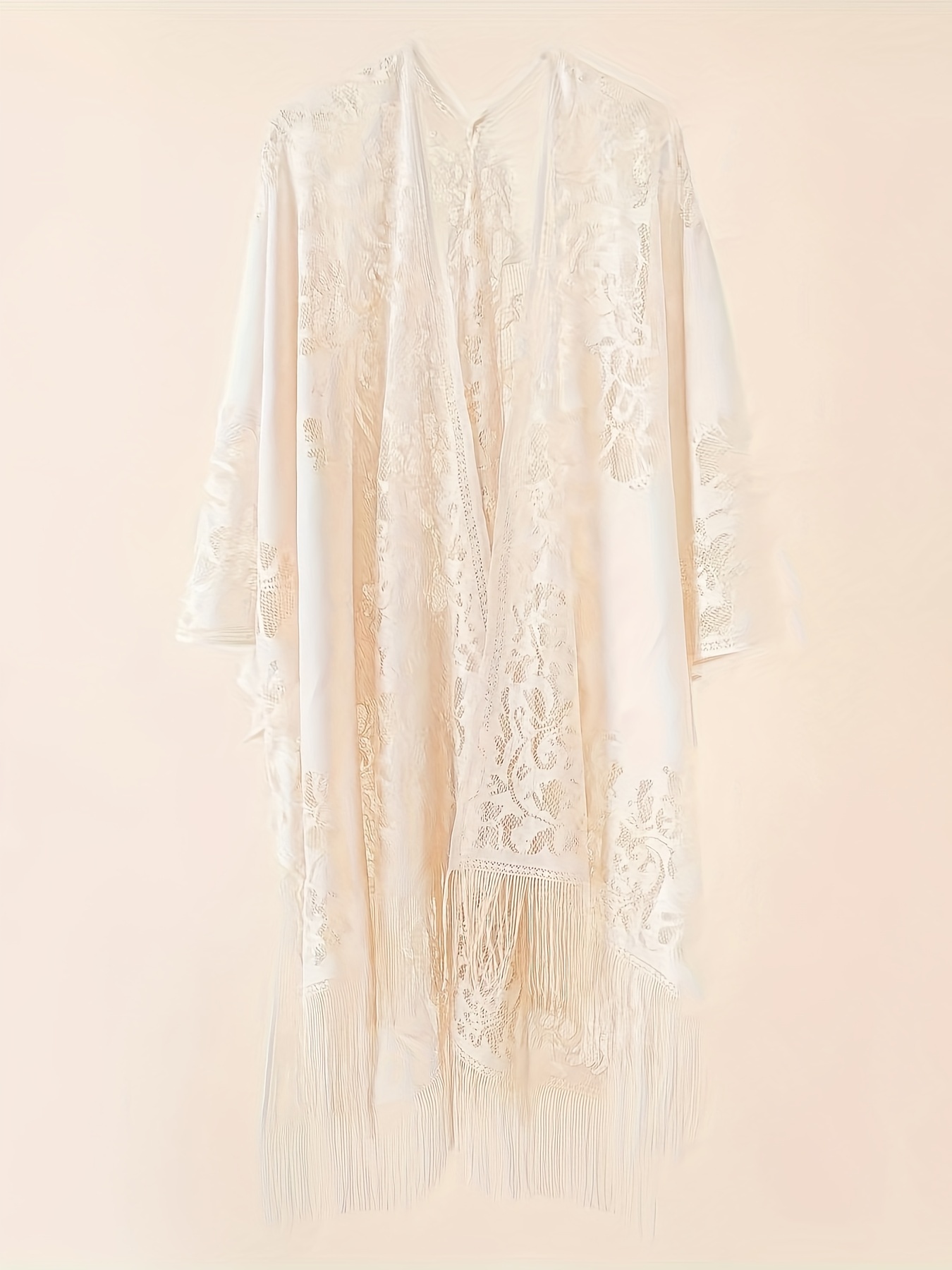 Lace Batwing Sleeve Beach Cover Up with Tassel Trim