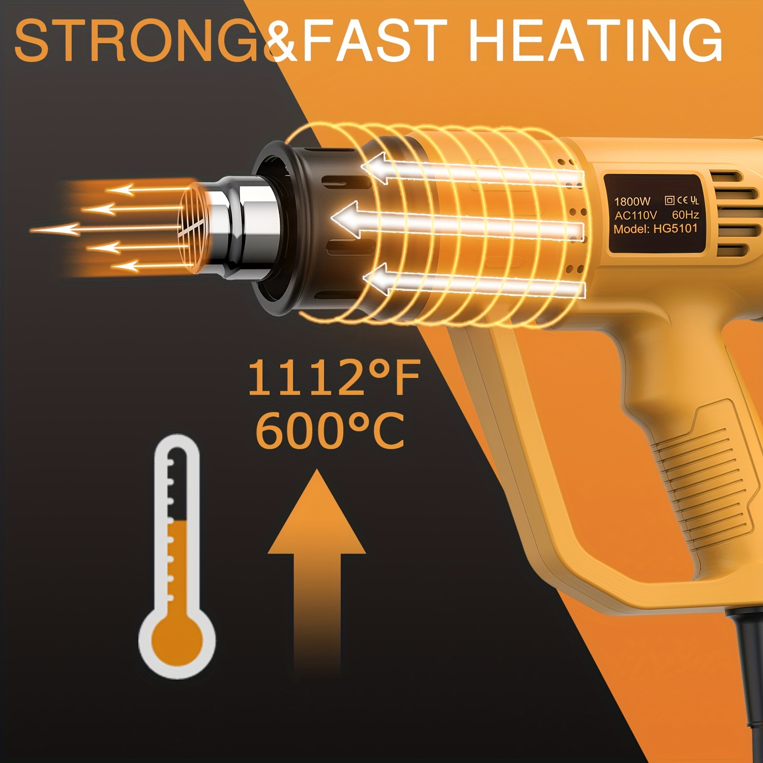 Pistola de calor de 1200 W, 750 ~ 1020 ℉, kit de pistola de aire caliente  resistente de calentamiento rápido, control de temperatura variable