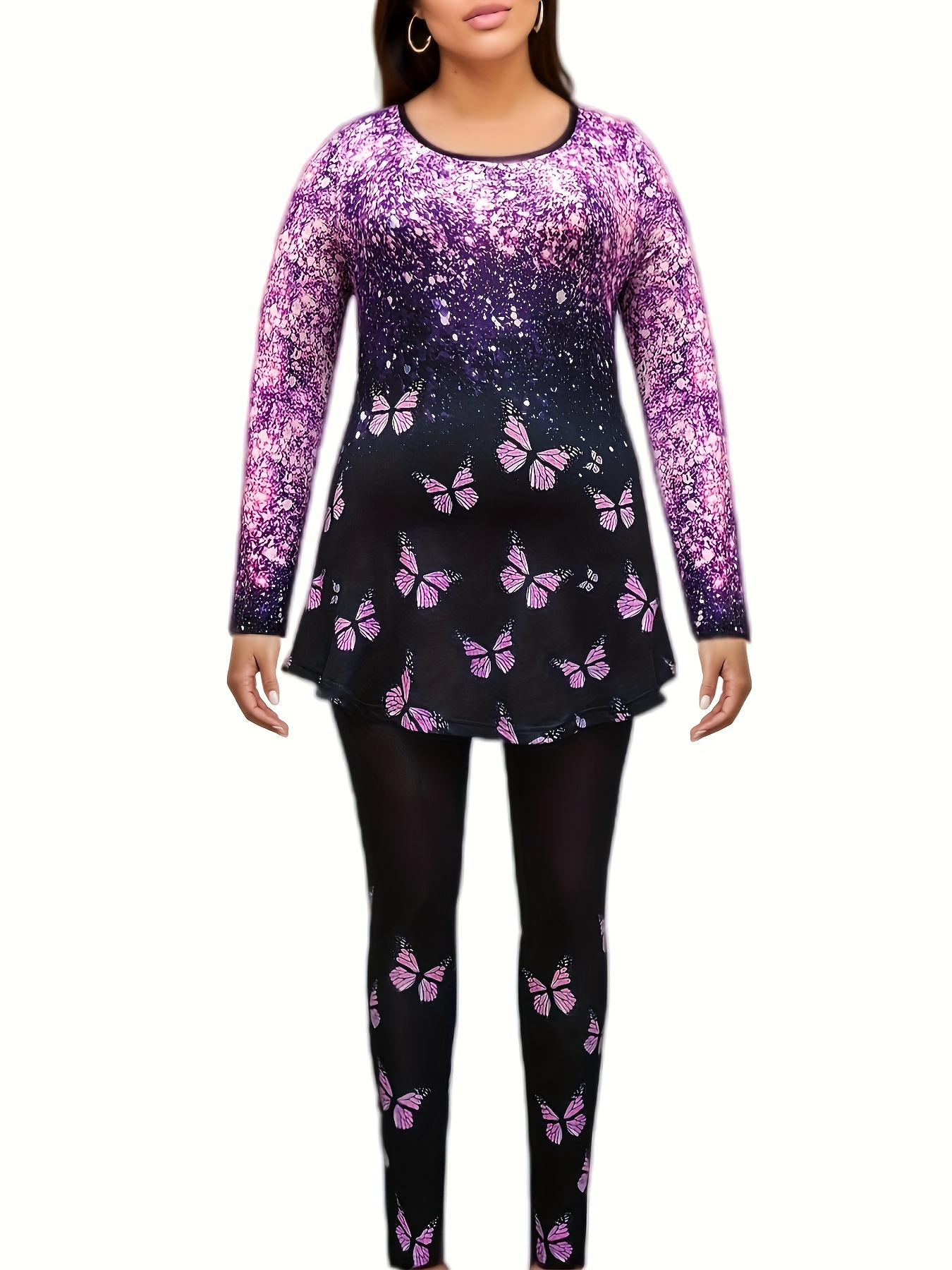 Glitter Butterfly Print Long Sleeve Lounge Set