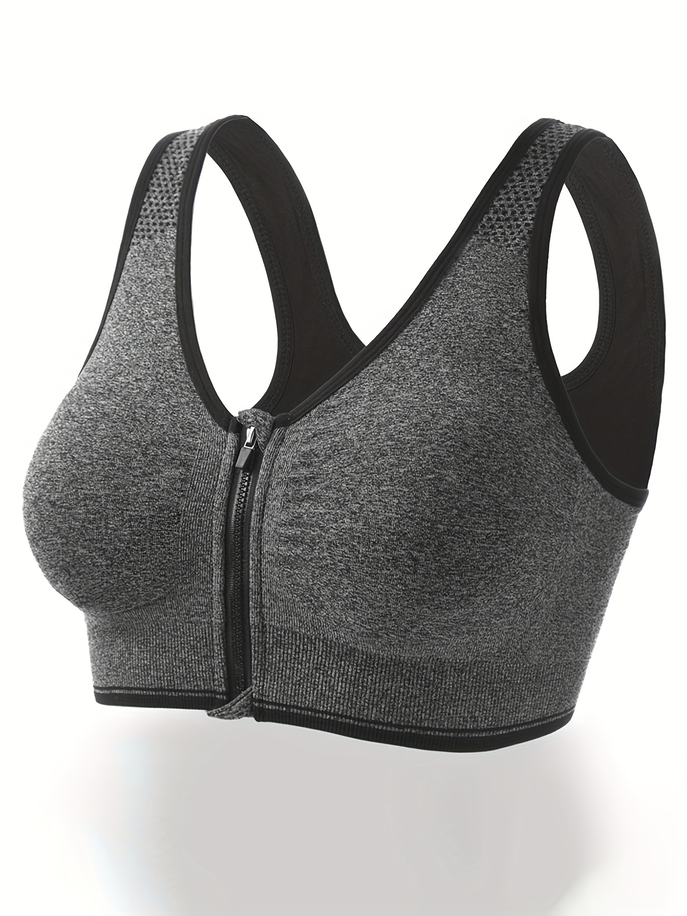 2pcs Women's Zip Front Sports Bra Wireless Post-Surgery Bra Active Yoga  Sports Bras(black+grey) 