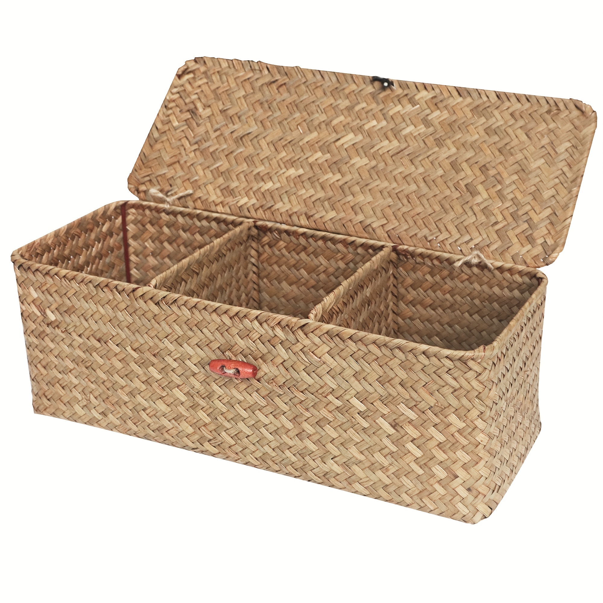 

1pc Multipurpose Wicker Woven Storage Basket With Lid - 3-grid Sorting Organizer For Home, Bathroom, Bedroom, Living Room - Boho Style Decor