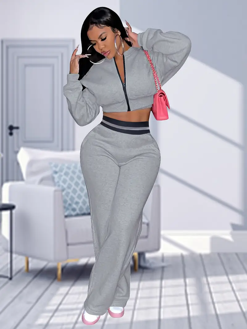 Casual Sporty Two-piece Set, Zip Up Crop Top & Elastic Waist Sweatpants  Outfits, Women's Clothing