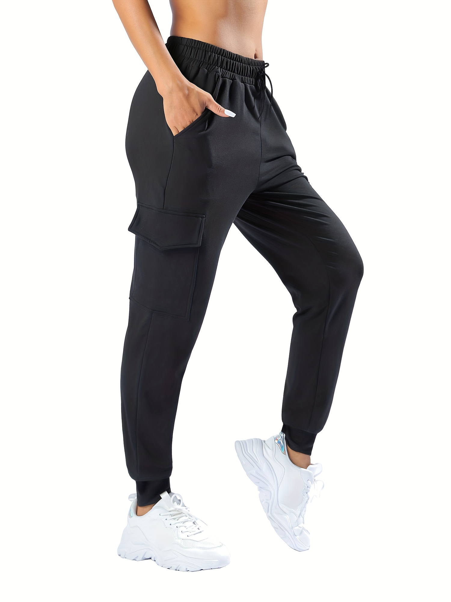 Pantalones de carga con bolsillo de color sólido, pantalones jogger  informales de cintura alta, ropa de mujer