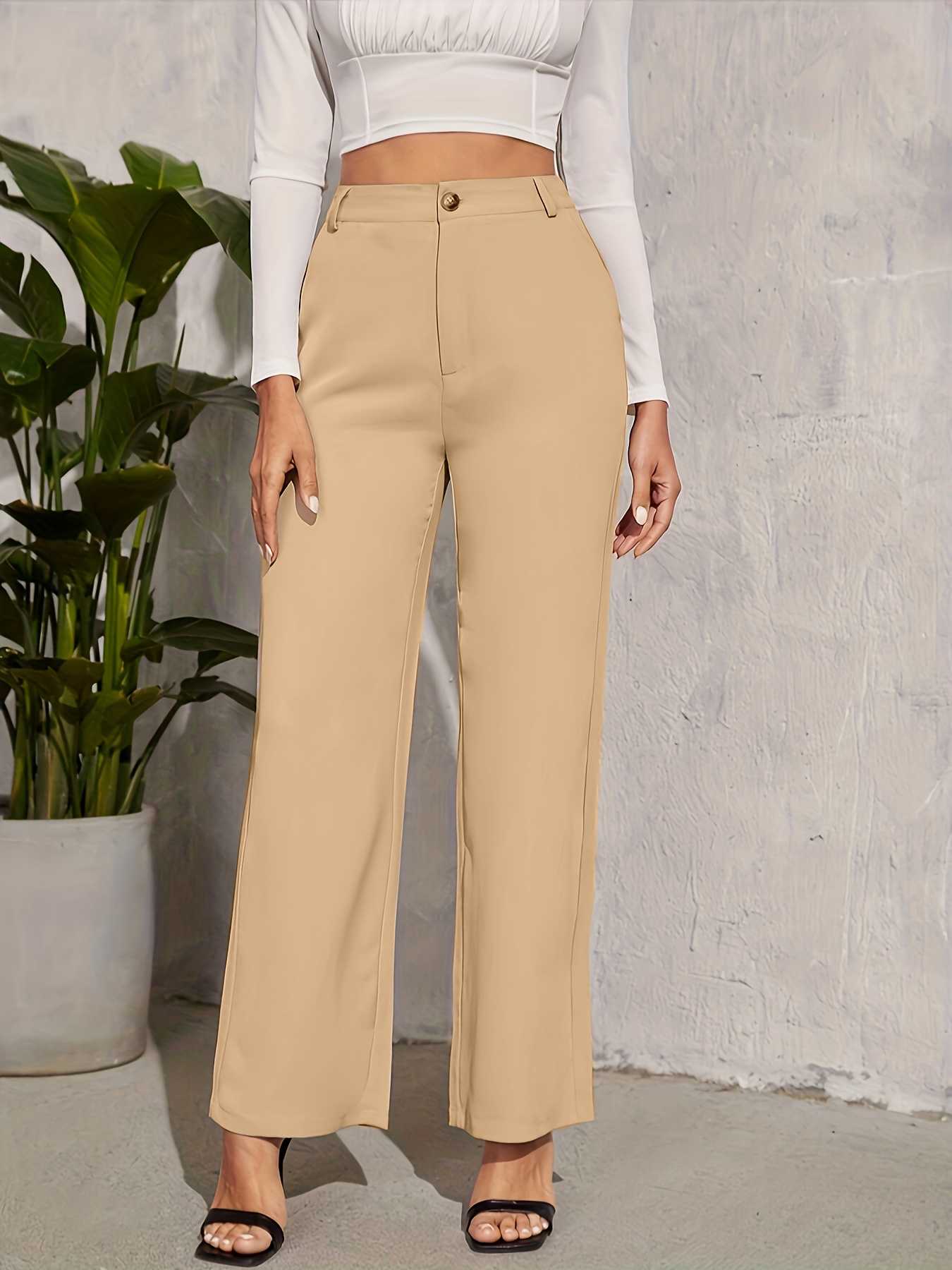 Pantalones Rectos Con Cintura Anudada, Pantalones Elegantes De Color Liso  Para El Trabajo Y La Oficina, Ropa De Mujer