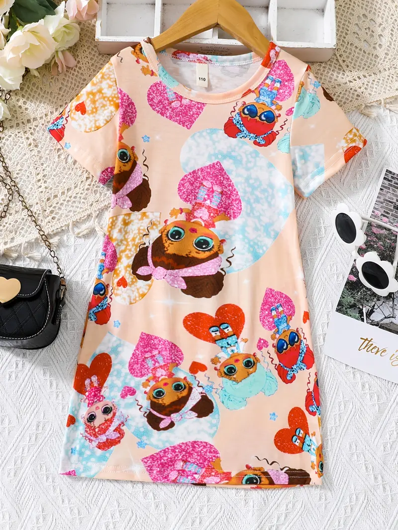 toddler girls cute cartoon shiny girl graphic crew neck casual t shirt dress for party kids summer clothes details 0