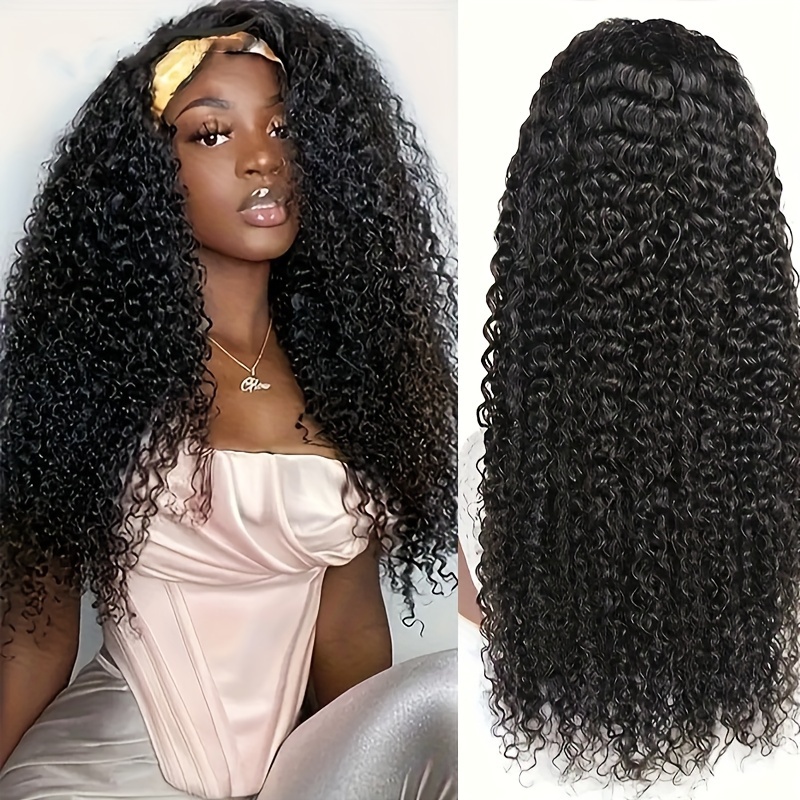 

30inch Headband Wig Human Hair Deep Wave Glueless None Lace Front Wigs Machine Made Half Wigs For Women 150% Density Deep Curly Wave Headband Wigs Human Hair Natural Color