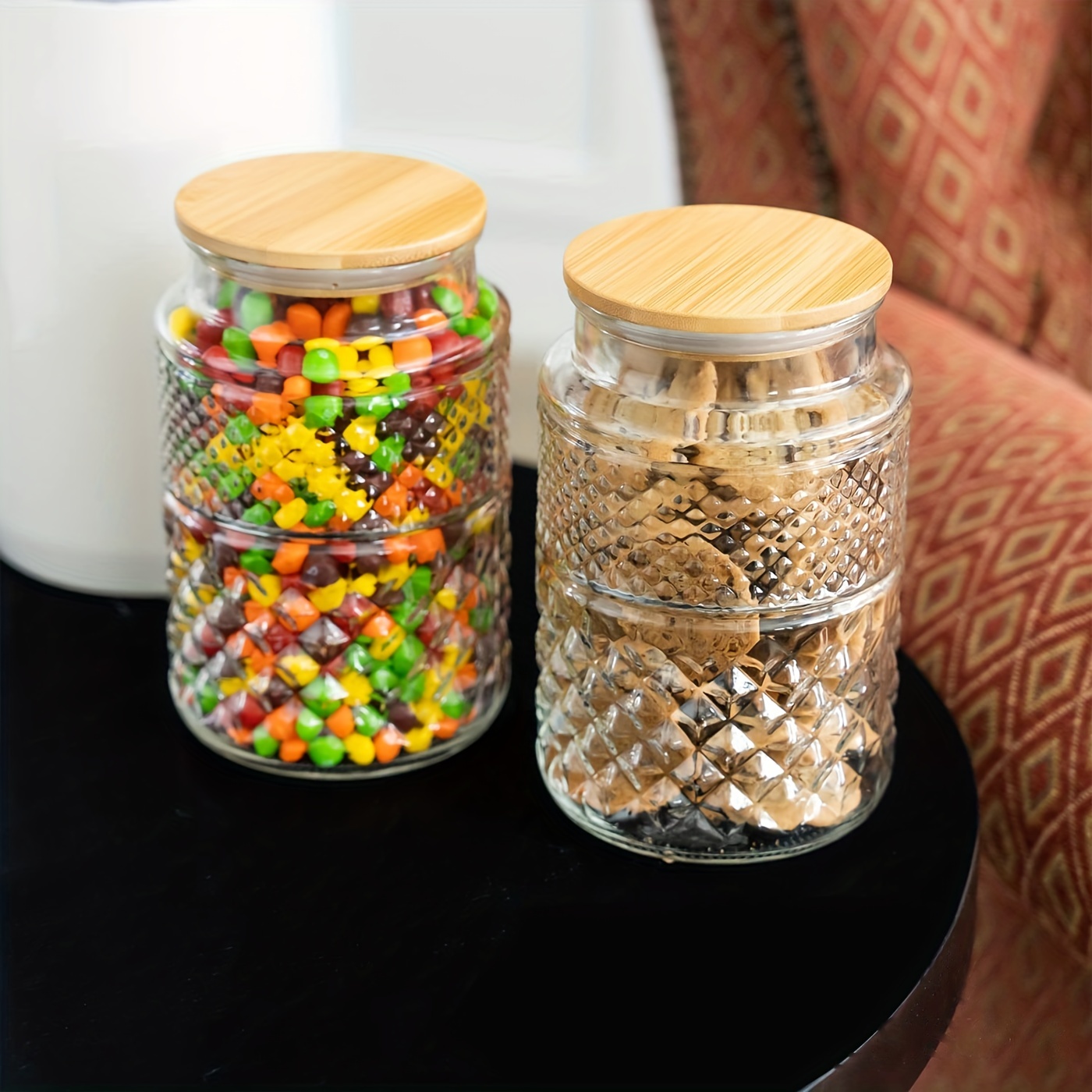 Round Large Glass Jar With Bamboo Lid - Large Kitchen Decorative Glass Jars  With Vintage Diamond Pattern - Coffee Pasta Sugar Tea Snack Nuts Jar With  Airtight Lids, Home Kitchen Supplies - Temu