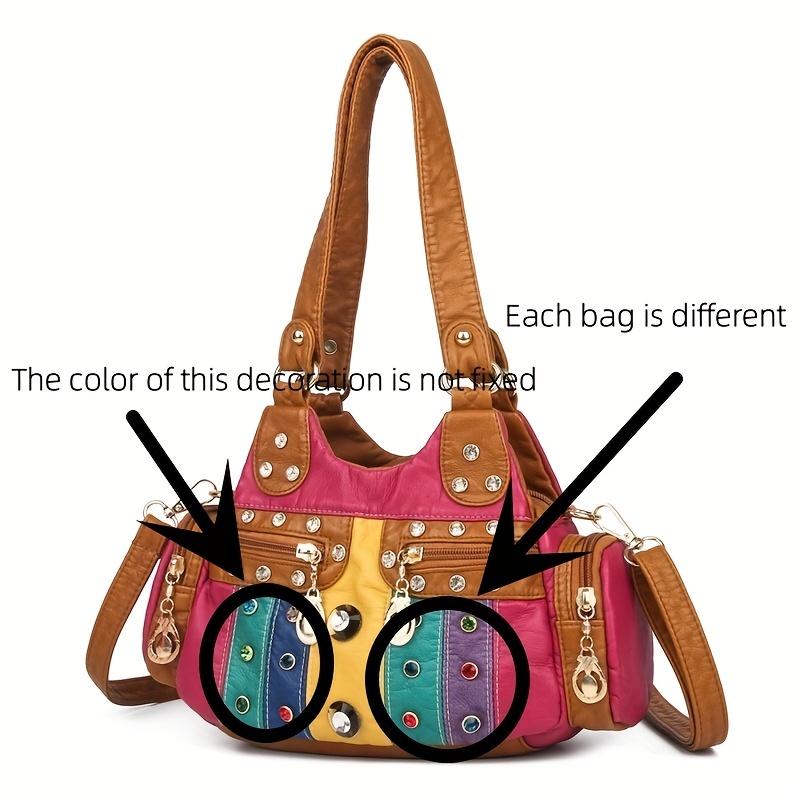 pu color stitching shoulder bag rivets decor hobo bag all match pu leather purse for women details 7