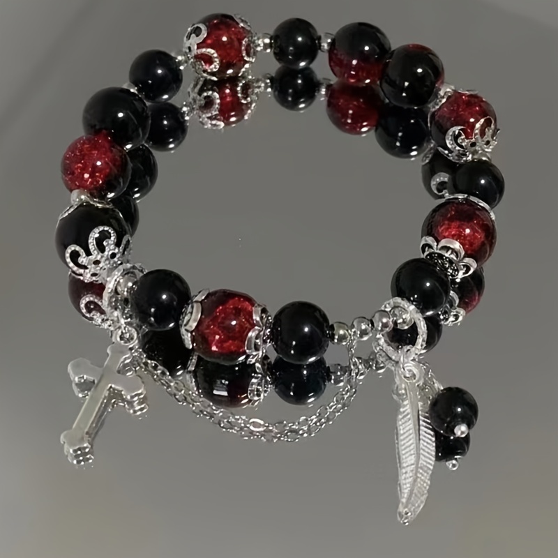 

1 Pc Creative Black Red Stone Beads With Cross Pendant Bracelet Vintage Punk Style Personality Hand Decor