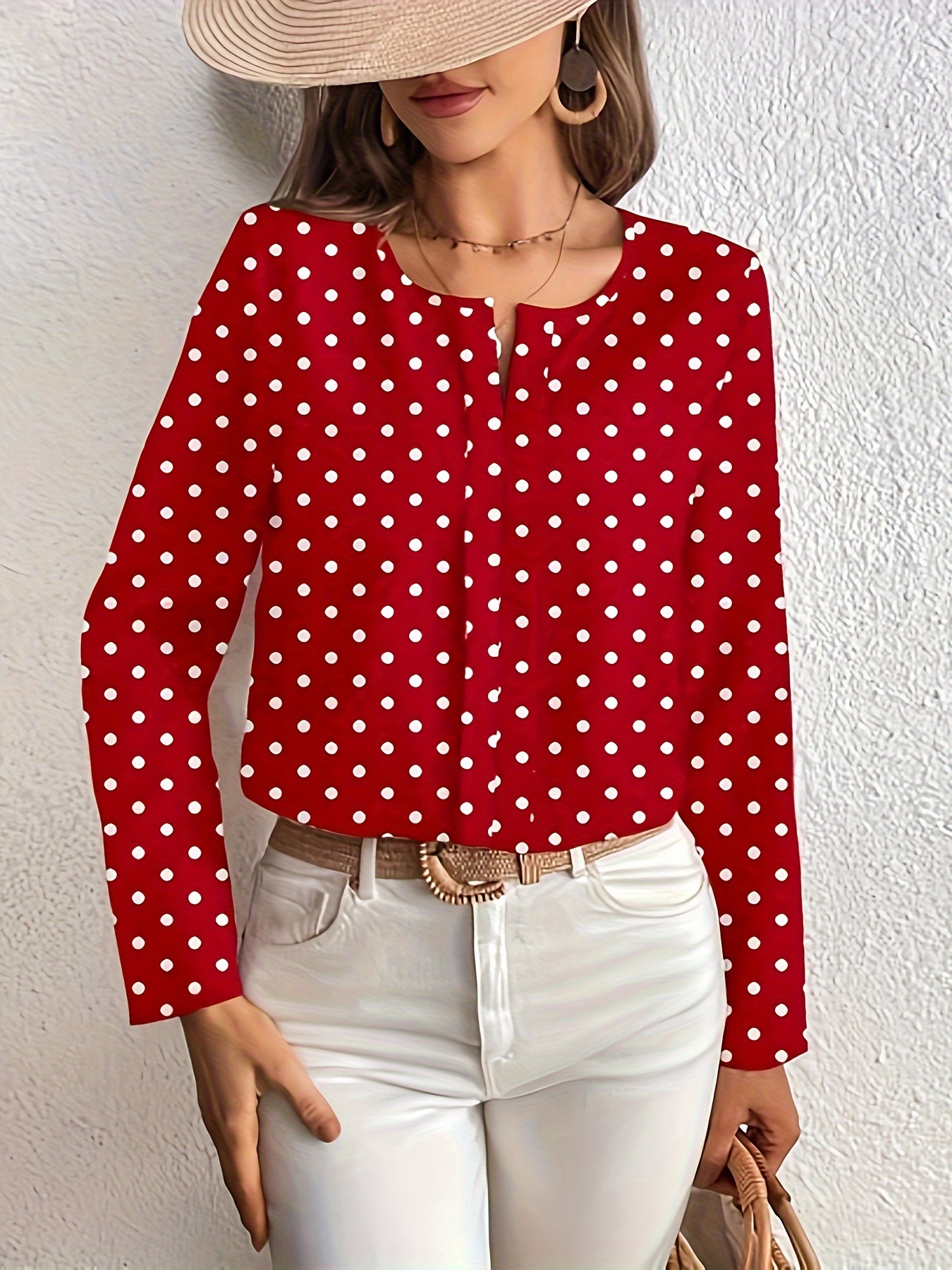 Blusa Cuello Muescas Estampado Puntos Blusa Elegante Manga Temu