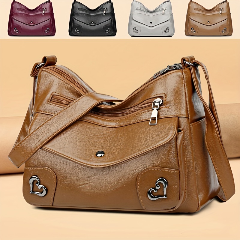 Heart Decor Crossbody Bag, Women's Multi Pocket Purse, Fashion Pu