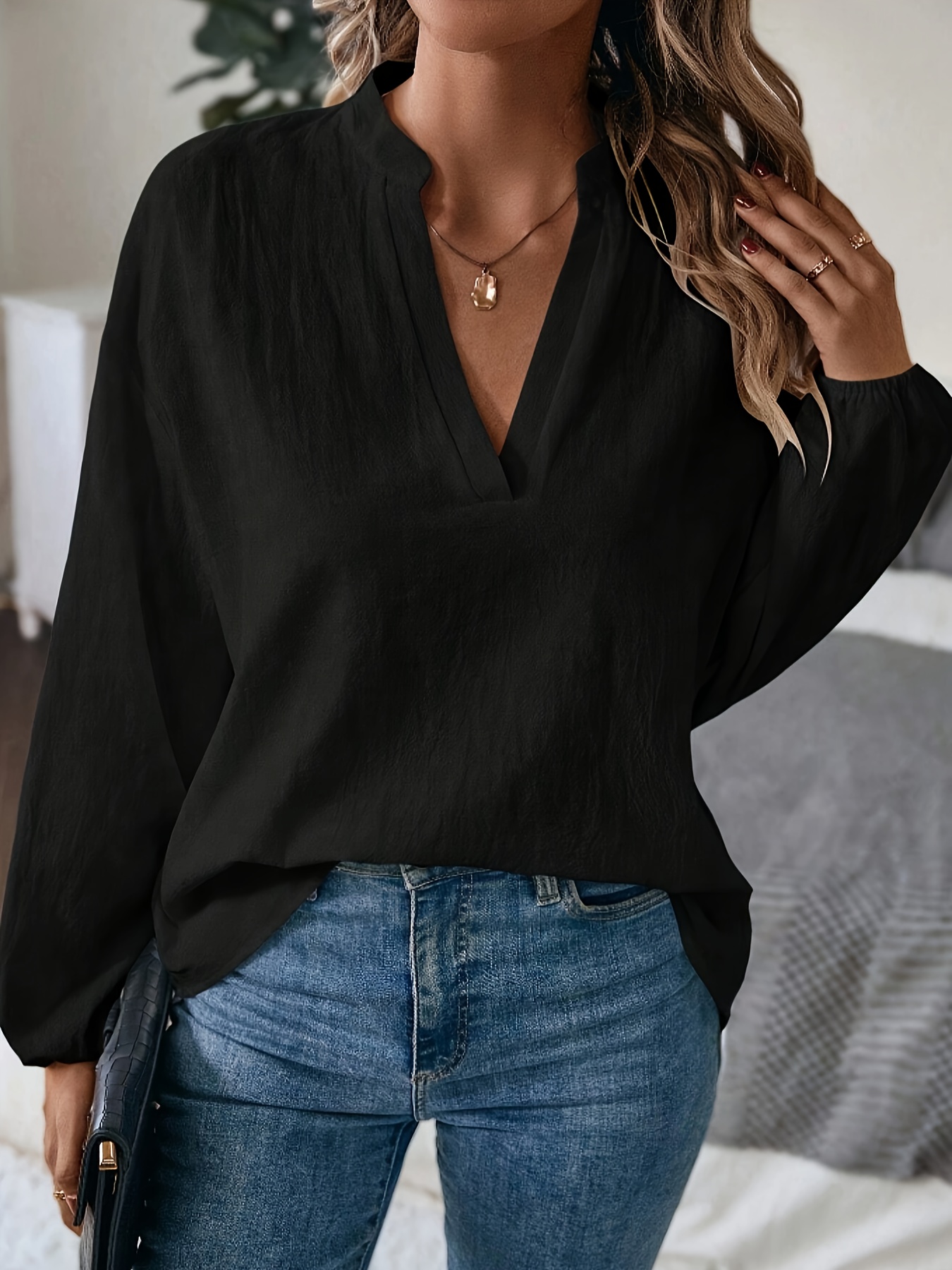 Solid Lantern Sleeve Blouse Casual V Neck Simple Comfy - Temu