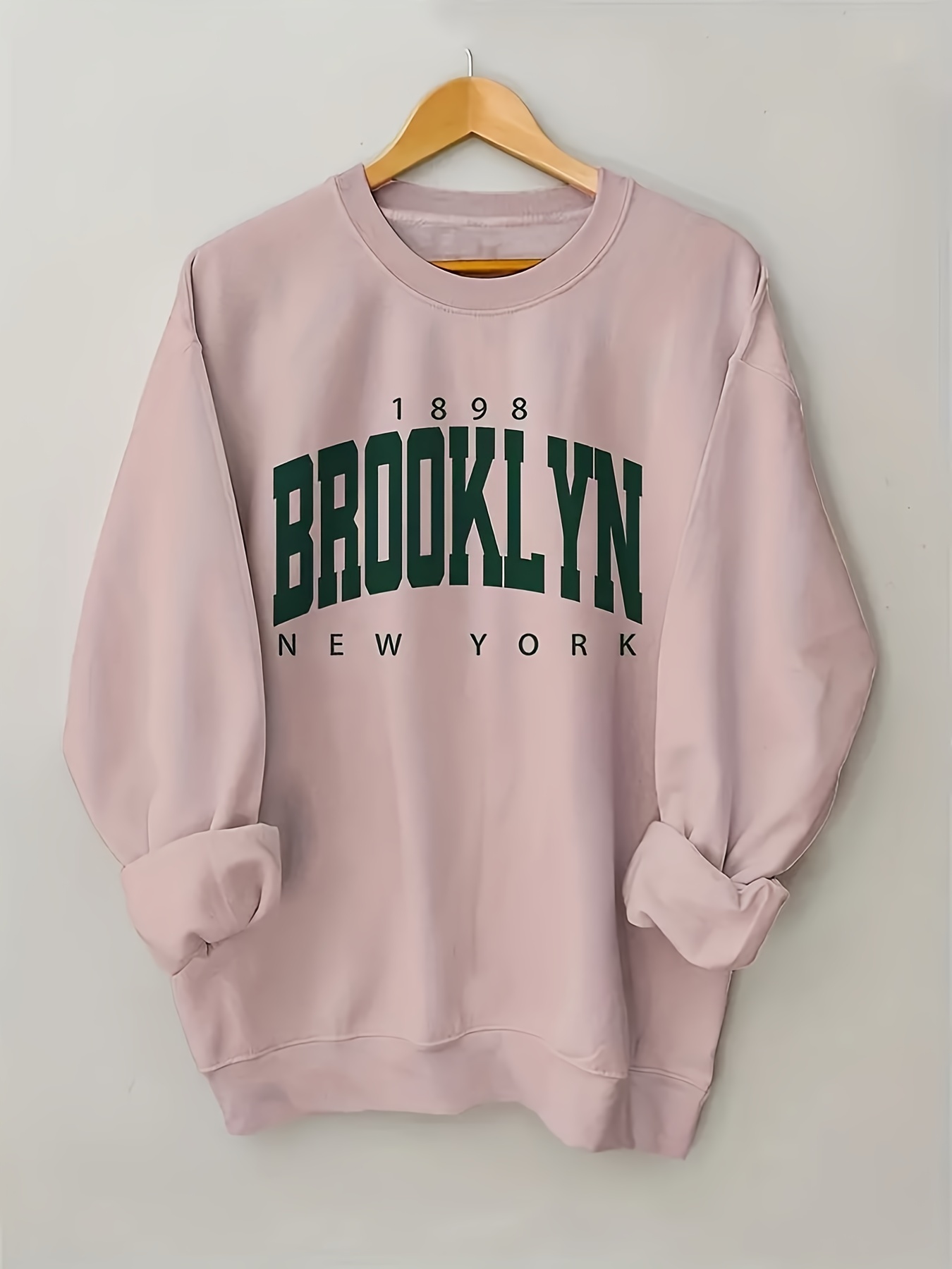 brooklyn letter print sweatshirt casual long sleeve crew neck sweatshirt womens clothing details 0