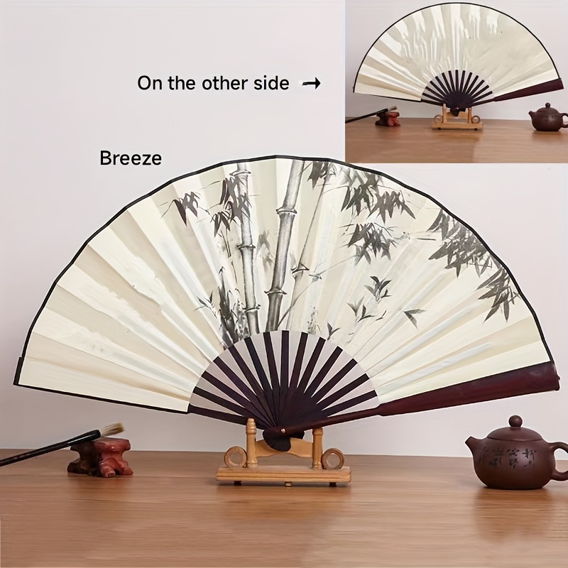 Elegant 10-Inch Bamboo Folding Fan with Dual-Sided Silk Design - Traditional Chinese Style, Perfect for Women's Fashion Accessory, Large Size, Silk Fabric details 9