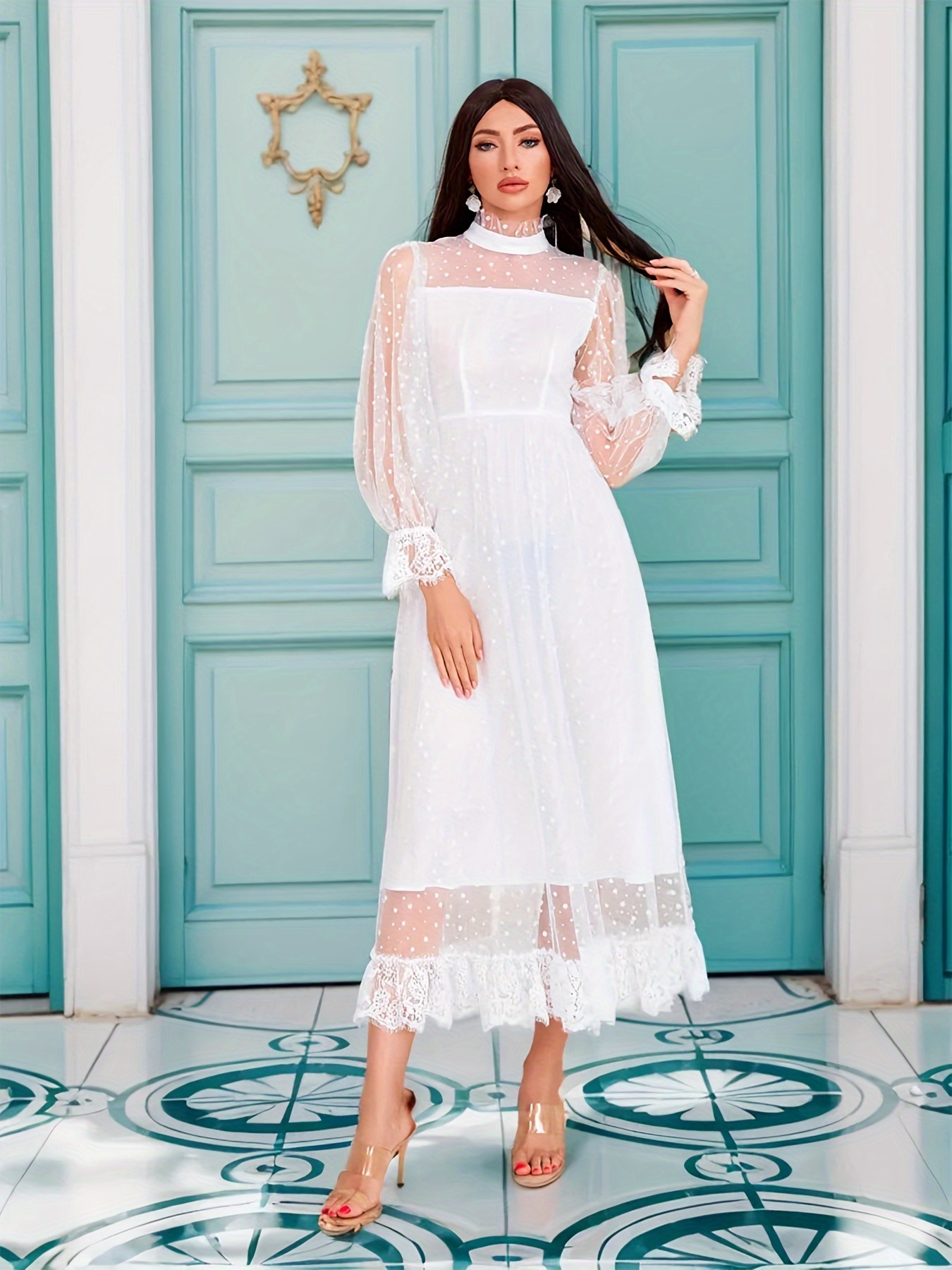 Long sleeve white lace midi dress best sale