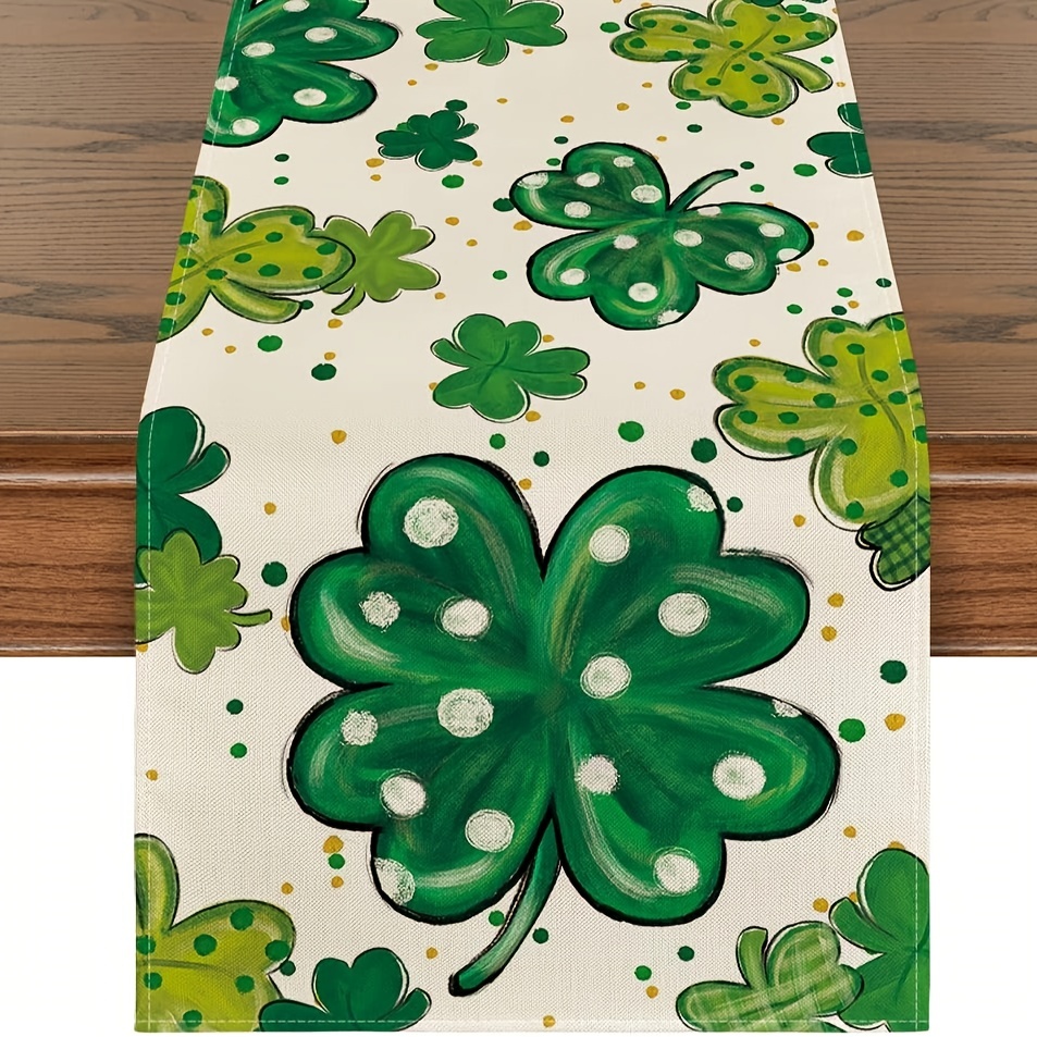 

1pc, Linen Table Runner, Watercolor Green Clover Table Runner, Heart Shamrock 's Day Table Runner, Seasonal Spring Dining Table Decoration For Indoor Outdoor, Home Party Decor