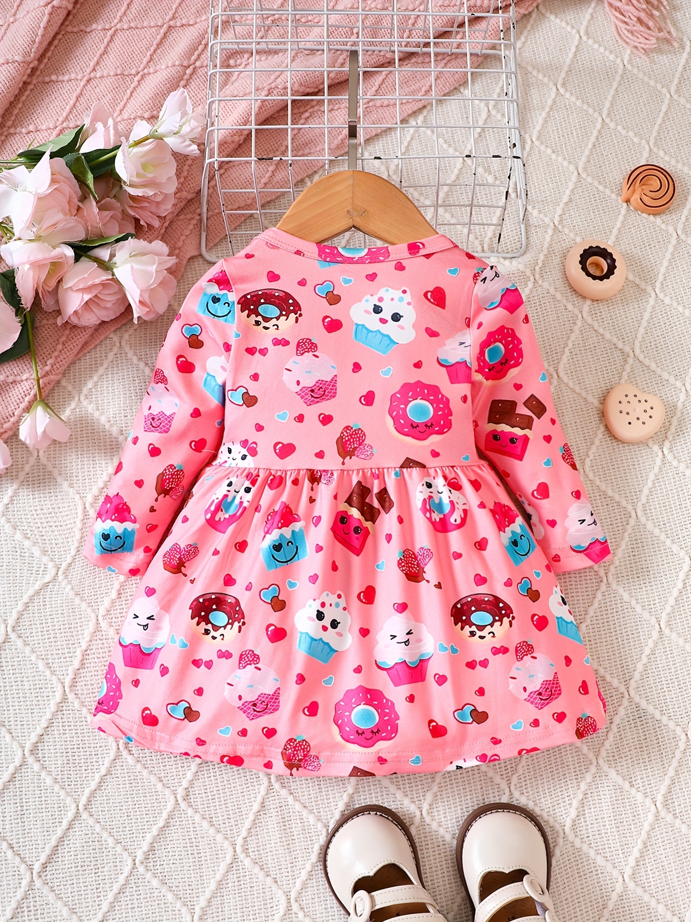 Baby Girl Cute Love Donut Print Long Sleeve Dress