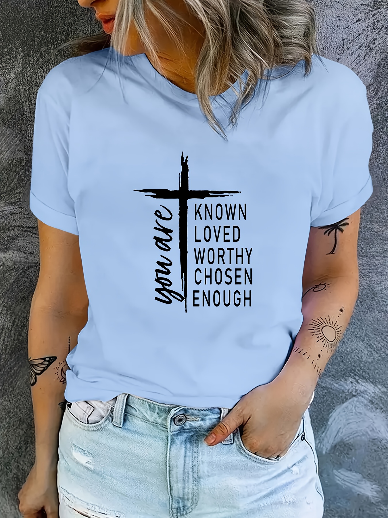 thumbnail image 2 of Women's Easter T-Shirt - Jesus Cross Floral Graphic 3/4 Sleeve Top, Casual Spring Holiday Shirt 2 of 4