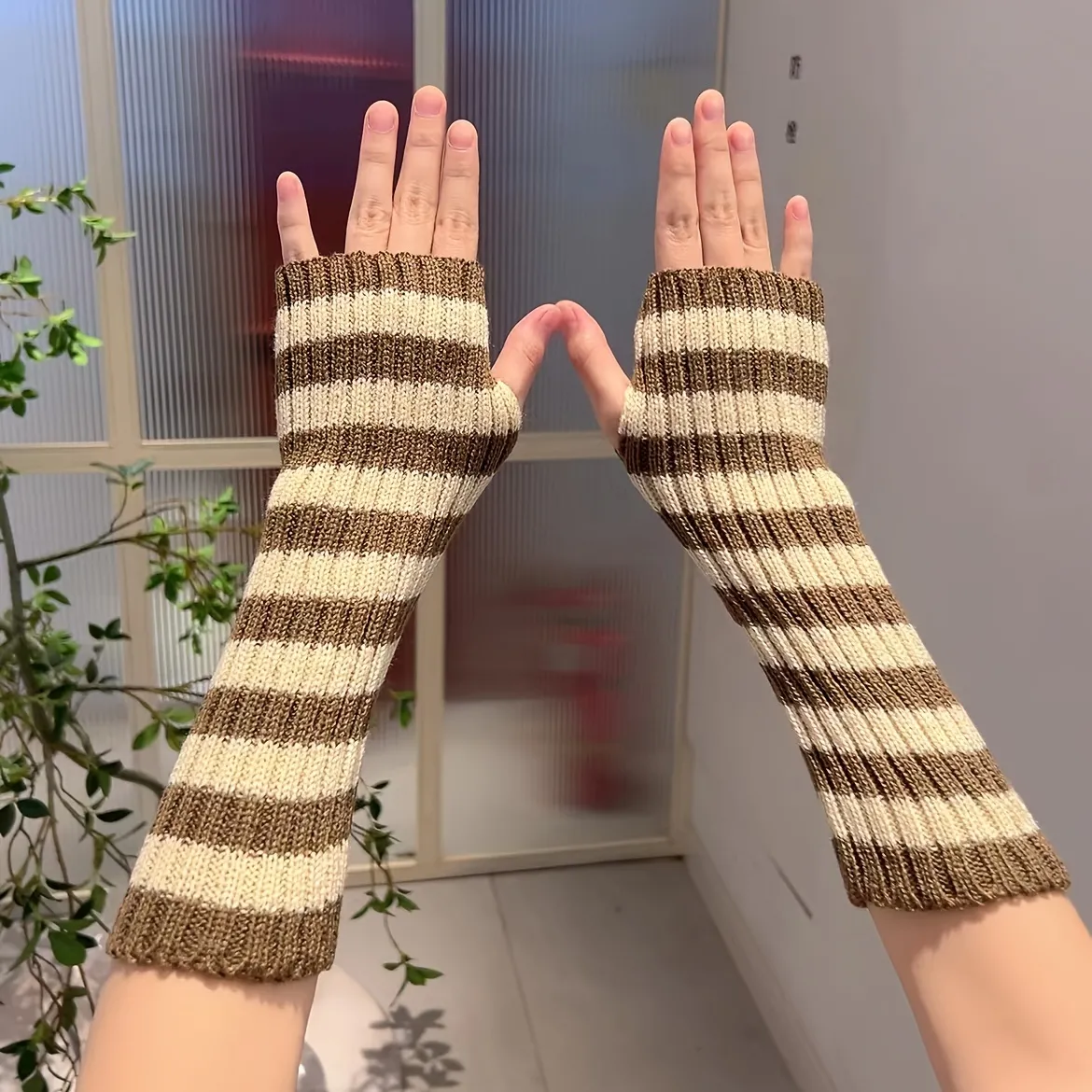 ツートーンストライプファッションロンググローブ、指なしアームカバー女性用暖かいニット手袋 | 最新のトレンドをショップ | Temu Japan