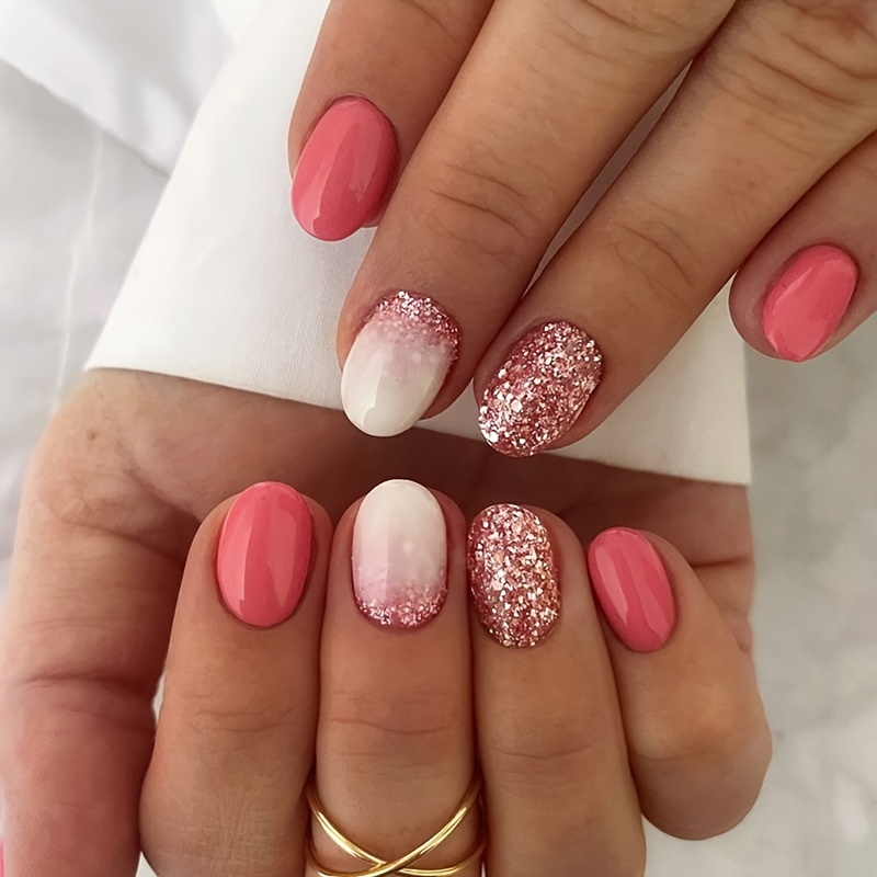 

24pcs Glossy Short Oval Fake Nails, Rose Red Press On Nails With Shiny Sequin Design, Full Cover Sweet And Cute False Nails For Women Girls Daily Wear