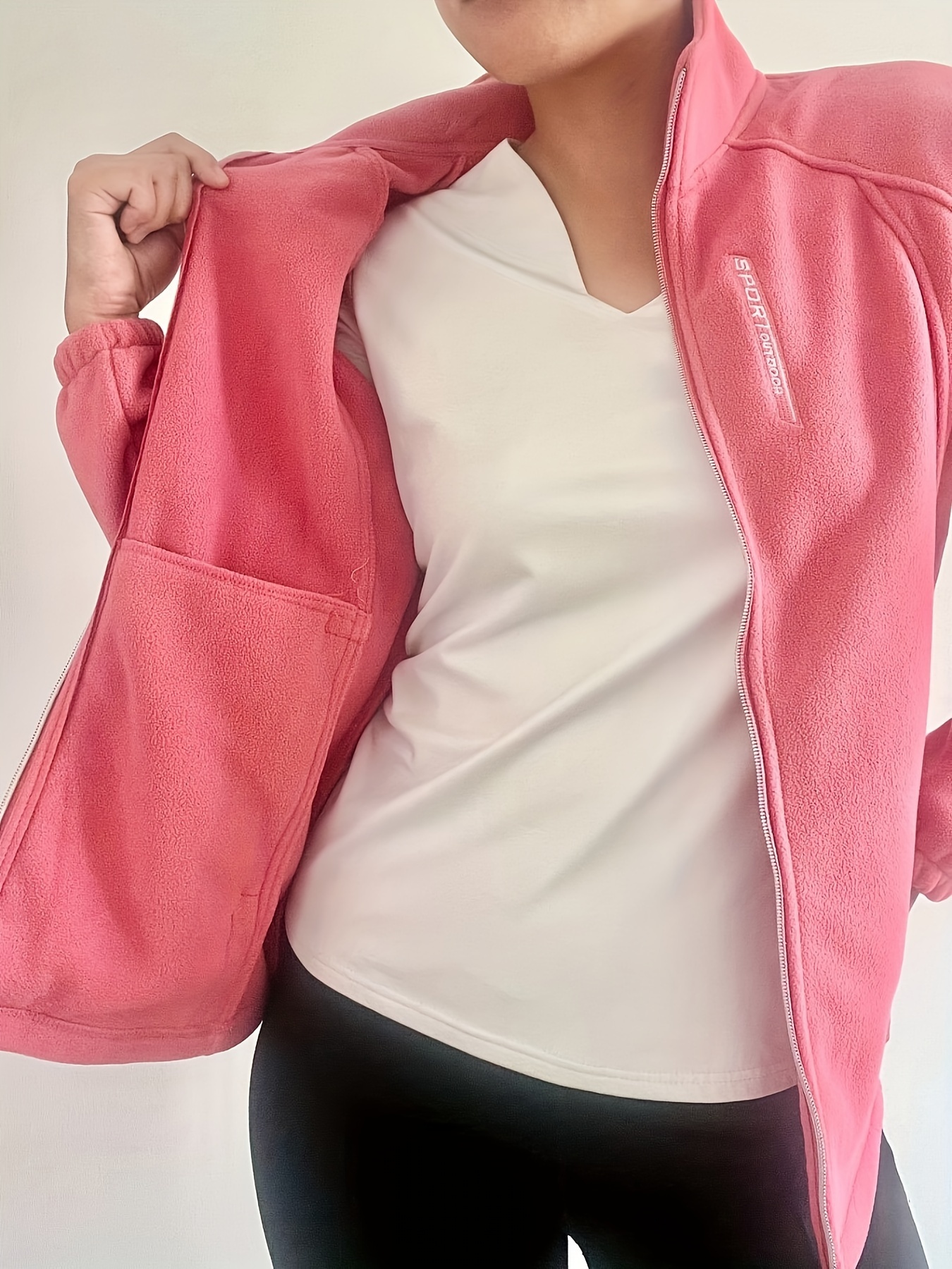 Plain Fleece Liner Sporty Hooded Jacket, Long Sleeves With Zipper Pocket  Windproof Warm Coat, Women's Activewear