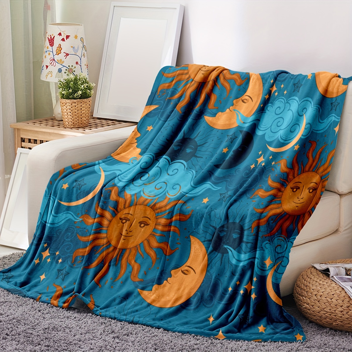 Printed Flannel Blanket Soft Throw for Bed Couch Sofa, Blue Plaid