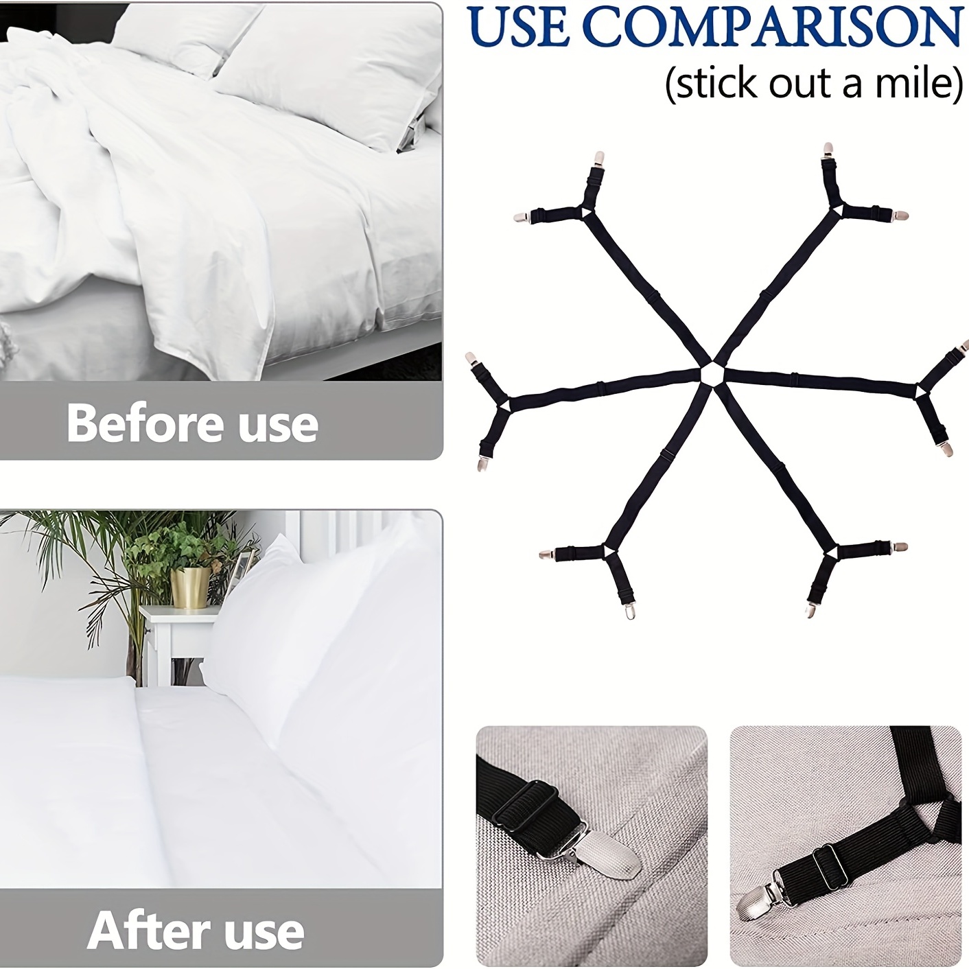 4 Pcs Nonslip Bed Sheet Straps Elastic Fasteners with Metal Clips