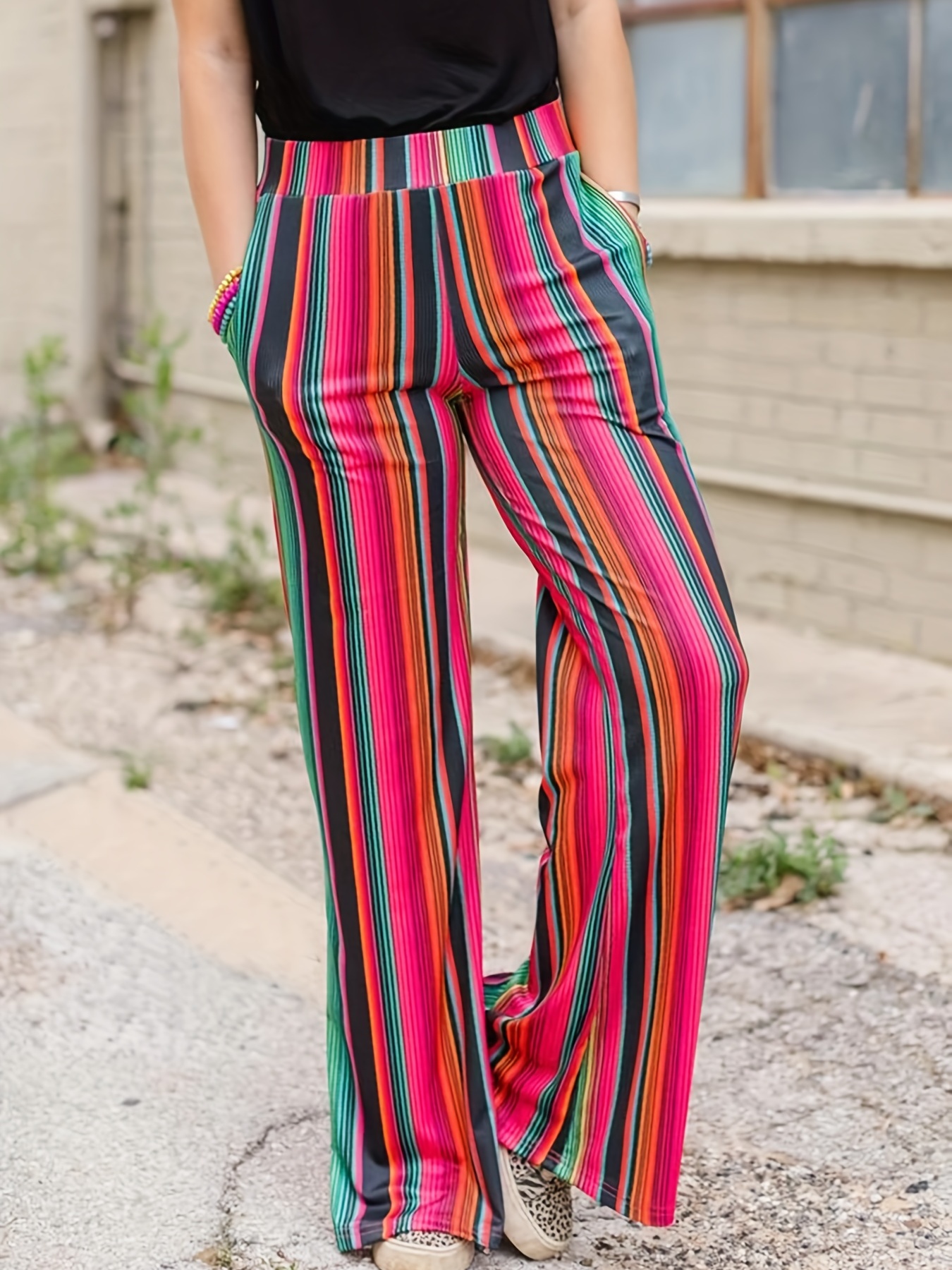 Plus Size Casual Pants, Women's Plus Colorful Stripe Print Medium Stretch  Flared Leg Pants With Pockets