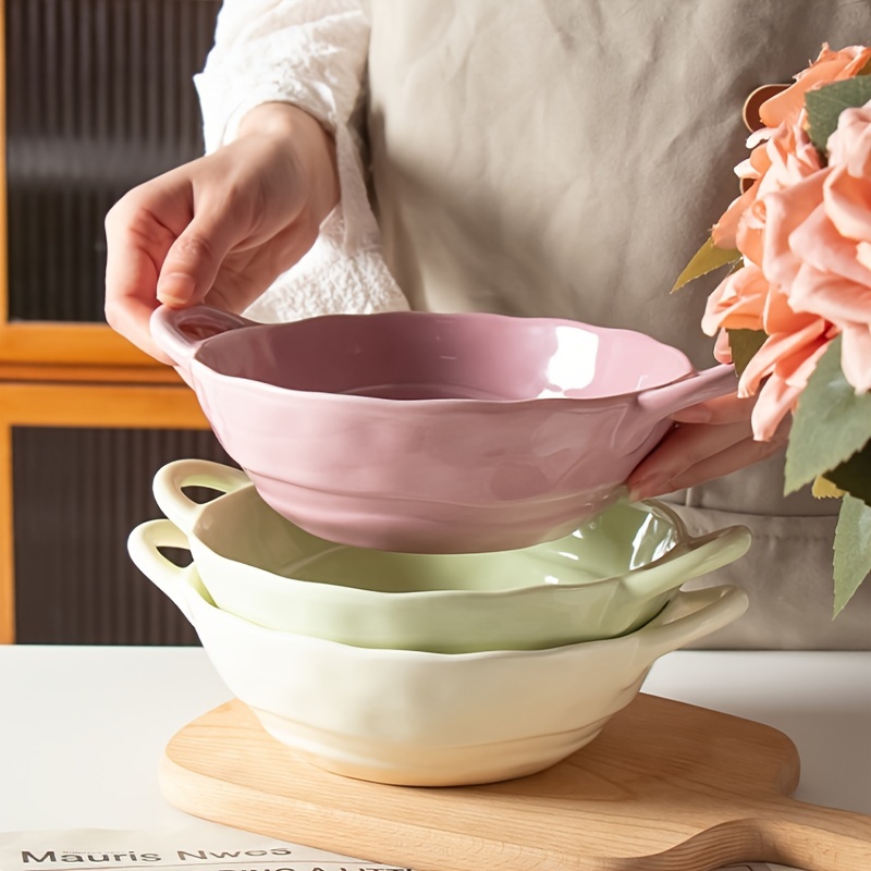 

1pc Ceramic Bowl With Double-ear Handle, Large Capacity Ceramic Plate, Creative Soup Bowl, Salad Bowl, Noodle Bowl, For Home Dorm Kitchen Restaurant, Kitchen Supplies, Tableware Accessories