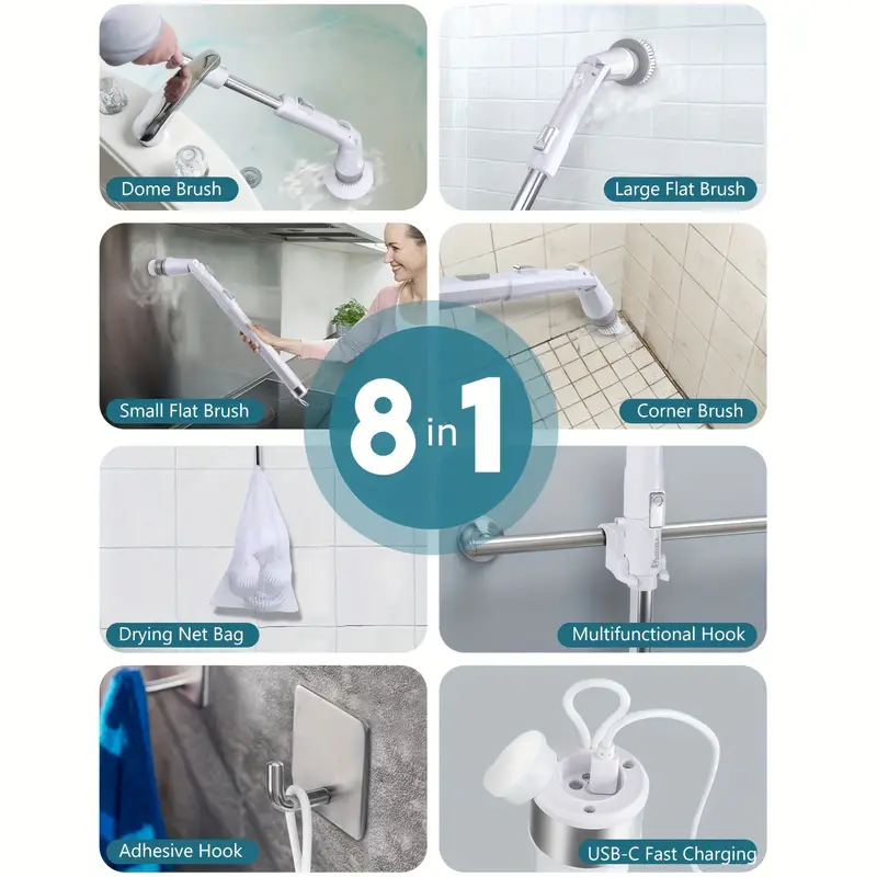 1 set electric spin scrubber cleaning brush long handled shower scrubber tub tile scrubber with 4 replaceable brush heads 90 min run time bathroom scrubber 320 420rpm cordless power scrubber usb c charging cord spin scrubber details 4