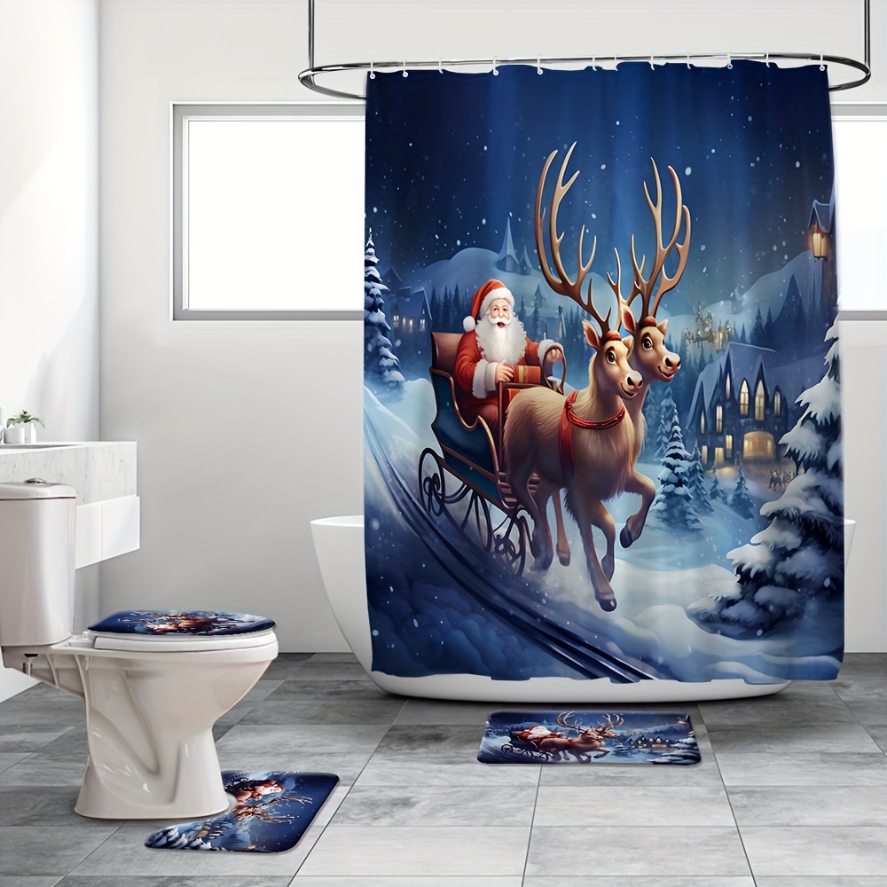 Santa On Sled Pattern Bathroom Set, Waterproof Mildew Resistant Shower  Curtain With 12 Plastic Hooks, Non-slip Bathroom Floor Mat, Toilet U-shaped  Mat, Toilet Lid Mat, Bathroom Christmas Decorations, Bathroom Accessories -  Temu