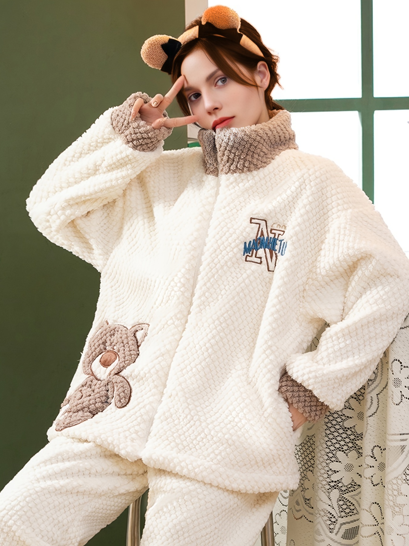 Women's Autumn Winter Warm Zipper Cardigan Pajamas Set Solid - Temu