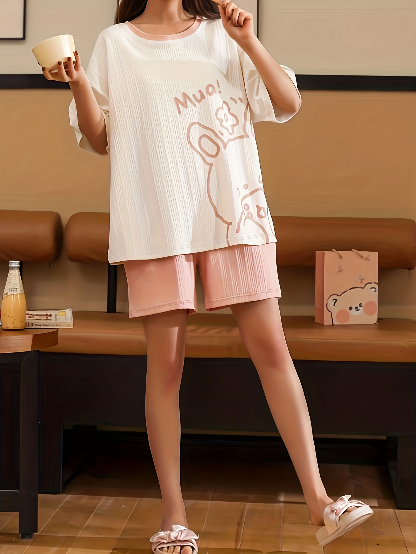 2020 New Women Pajamas Sets Spring Short Sleeve Cartoon Print Cute