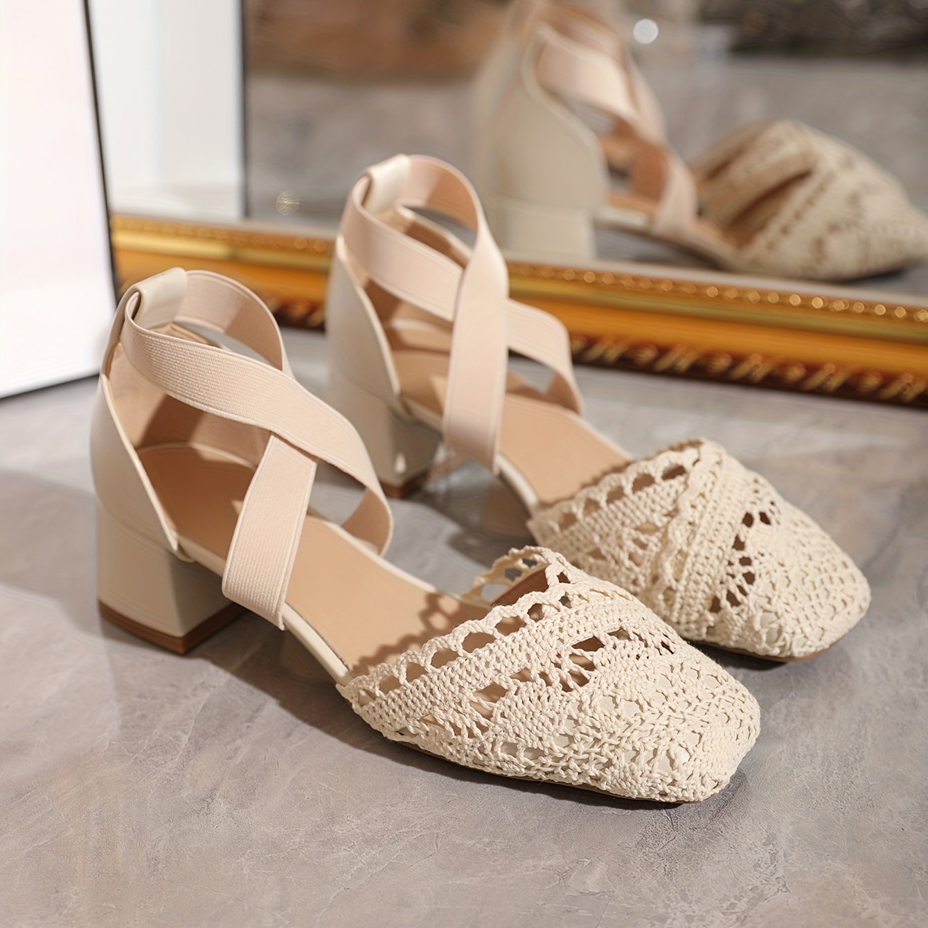 Women's Mesh Chunky Heel Sandals Square Toe Cross Strap Shoes