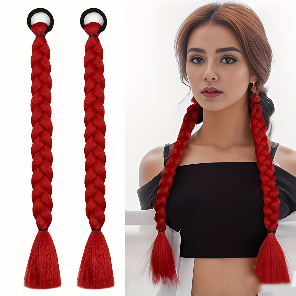 Long Braided Ponytail Extension Hair Tie Christmas Red - Temu