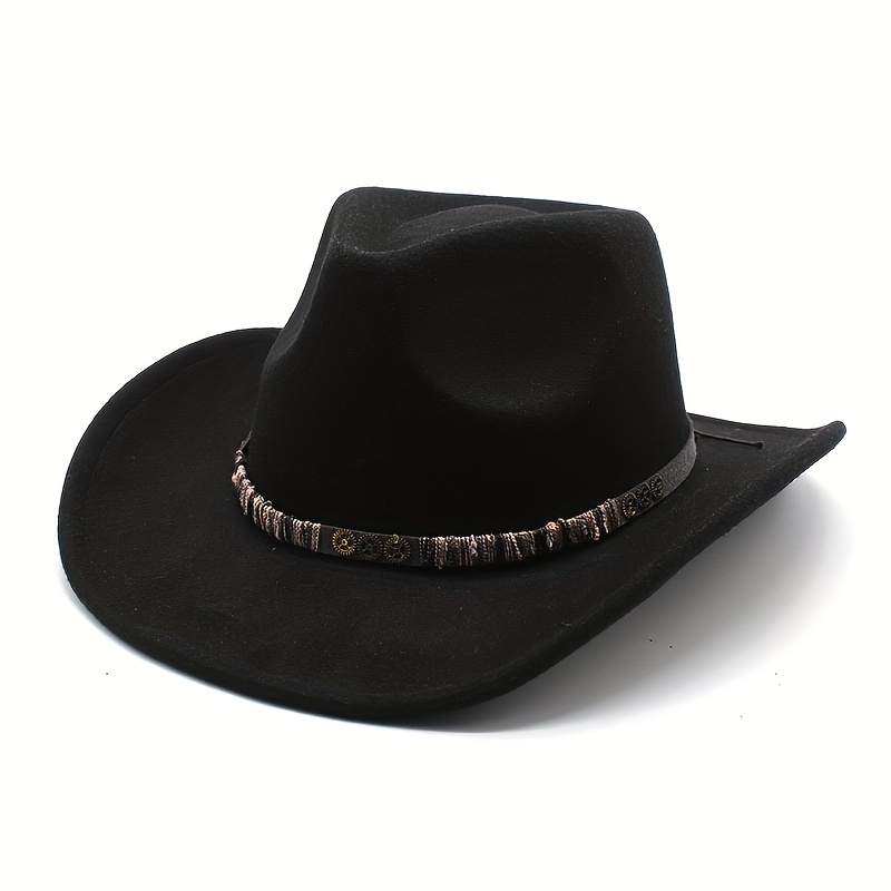 Black Elegant 1pc Hat Beanie, Men's Ethnic Style Retro Sunshade Wide Big Brim Woolen and Hat for Men,Cowboy Hat Men,Temu